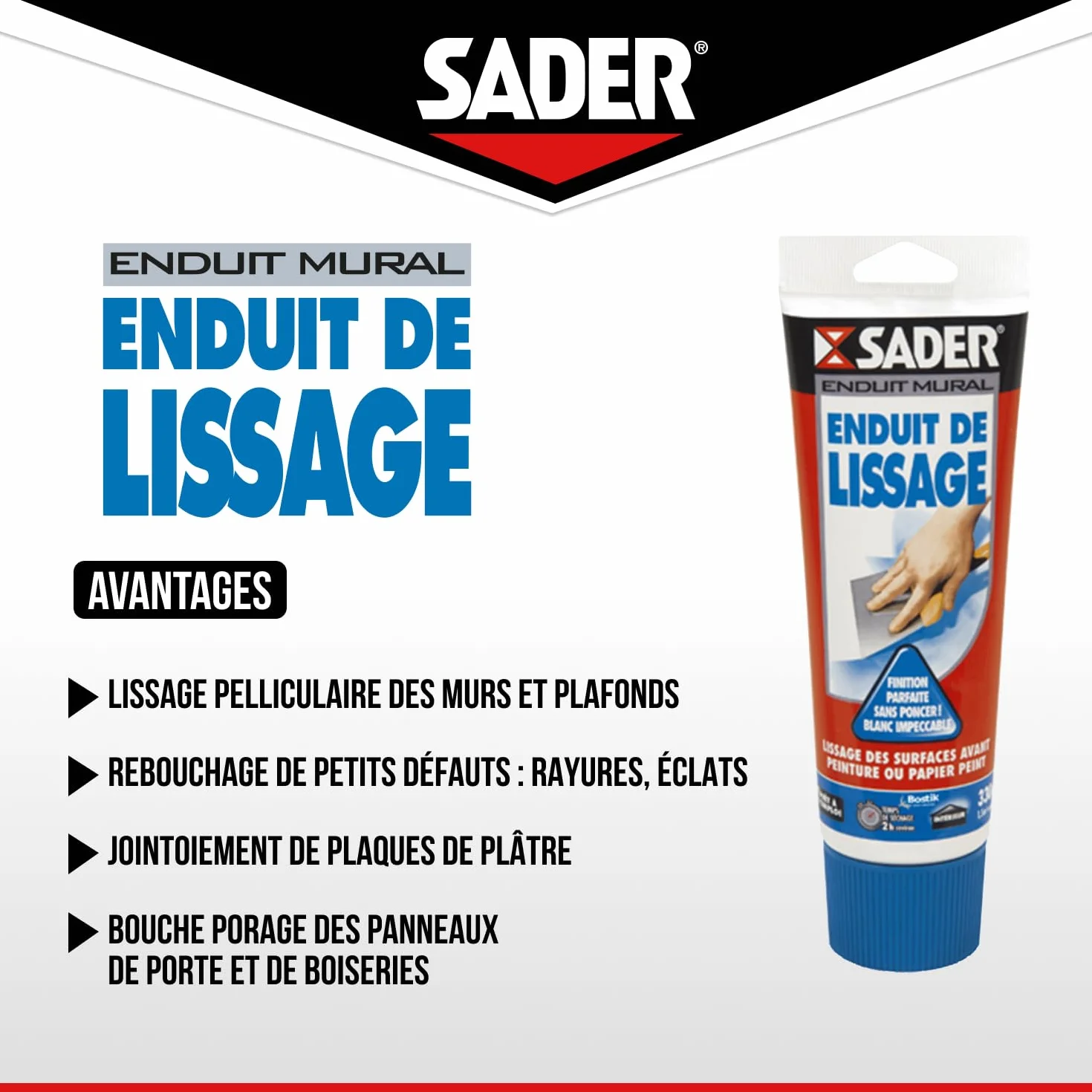 Sader Enduit de Lissage Prêt à l'Emploi en Pâte – Enduit Mur Intérieur et Plafond – Utilisable comme Joint Plaque de Plâtre, Rebouche Trou Jusqu'à 2 mm et Bouche Pore Bois – Blanc – Tube 330 g