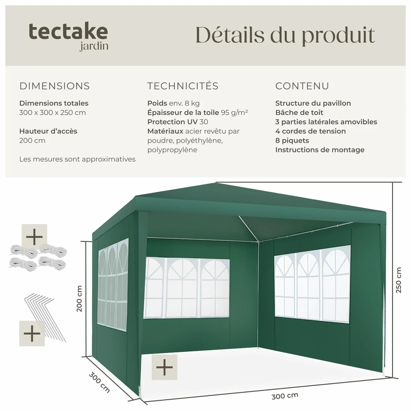 Tectake Tonnelle de Jardin 3x3m Protection UV 30+ Cadre Acier époxy Gazebo avec Parois Amovibles