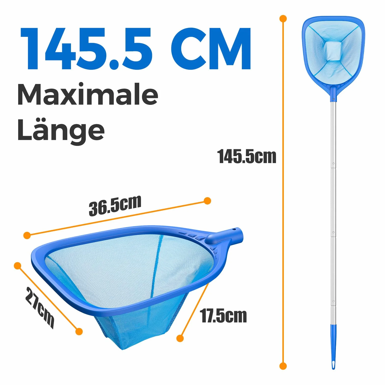 Épuisette de Surface pour Piscine 145cm, Filet de Fond avec Manche Aluminium 1,14m, Profonde 13cm, 4 Pièces pour Piscine Spa