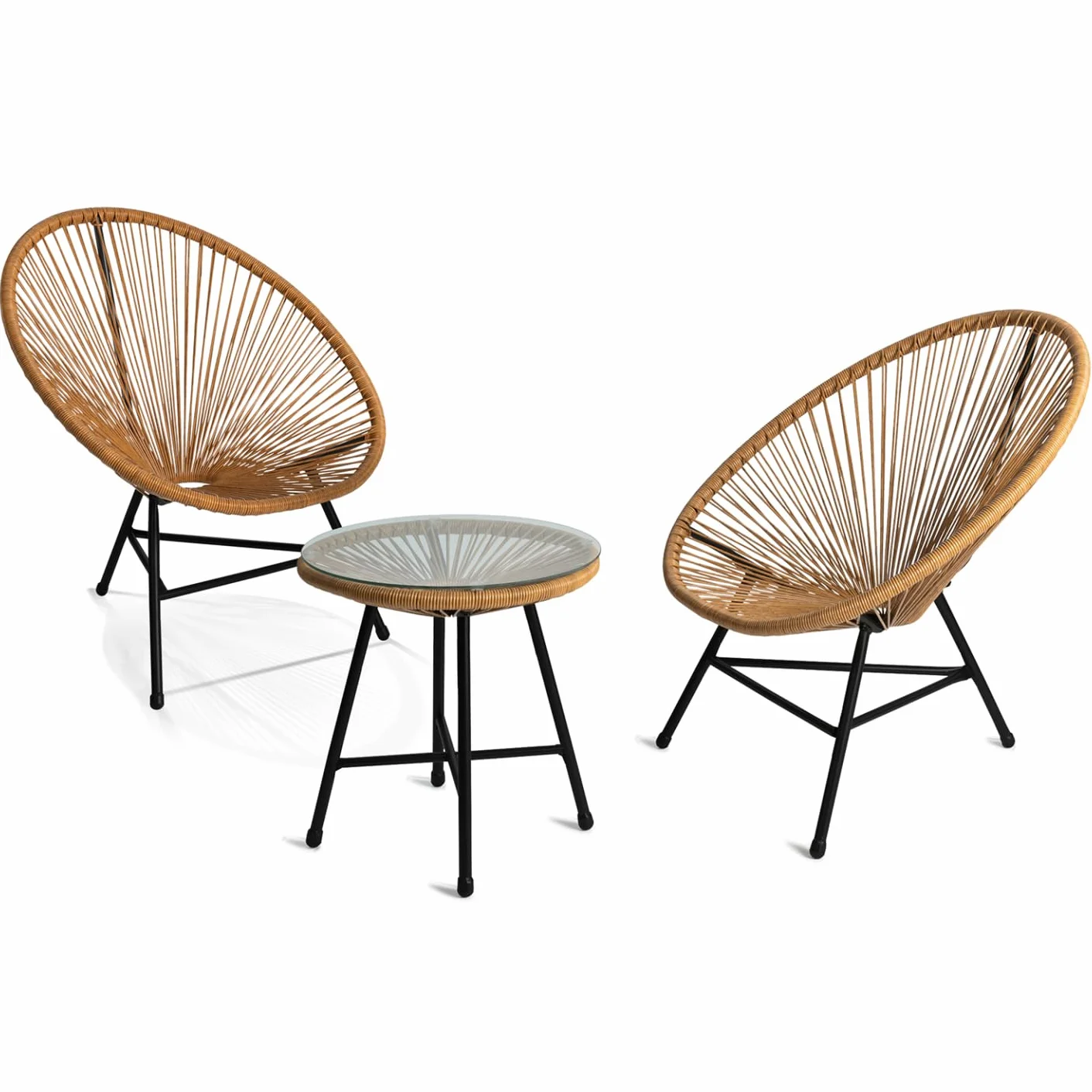 Salon de Jardin Izmir Table et 2 Fauteuils Oeuf Cordage Effet Rotin