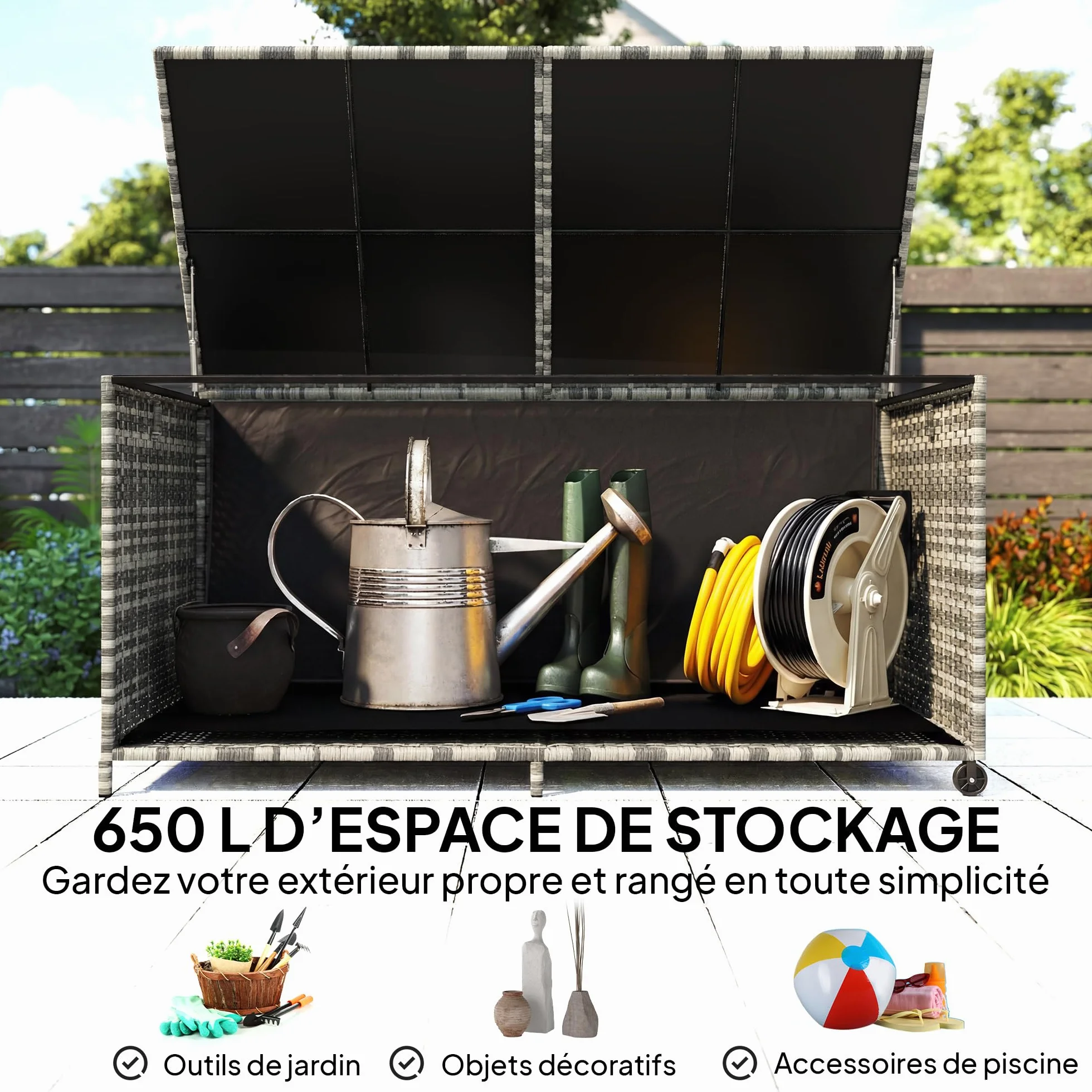 Outsunny Coffre de jardin résine tressée 650 L imperméable extérieur rangement avec doublure zippée tige pneumatique sécurisée 2 roues 150x75x74 cm gris
