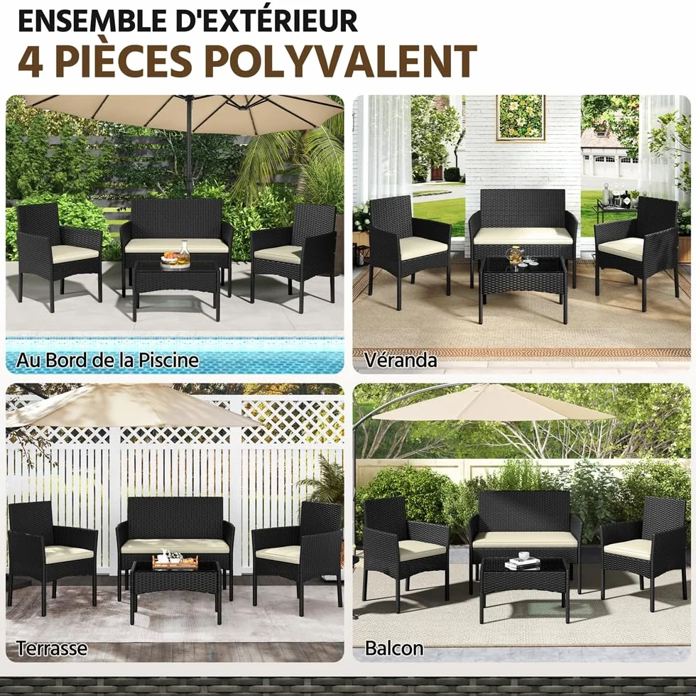 Yaheetech Salon de Jardin 4 Personnes Polyrotin Métal Mobilier d'extérieur 4 Pièces avec Coussin Canapé 2 Places 2 Fauteuils 1 Table Basse Noir/Beige