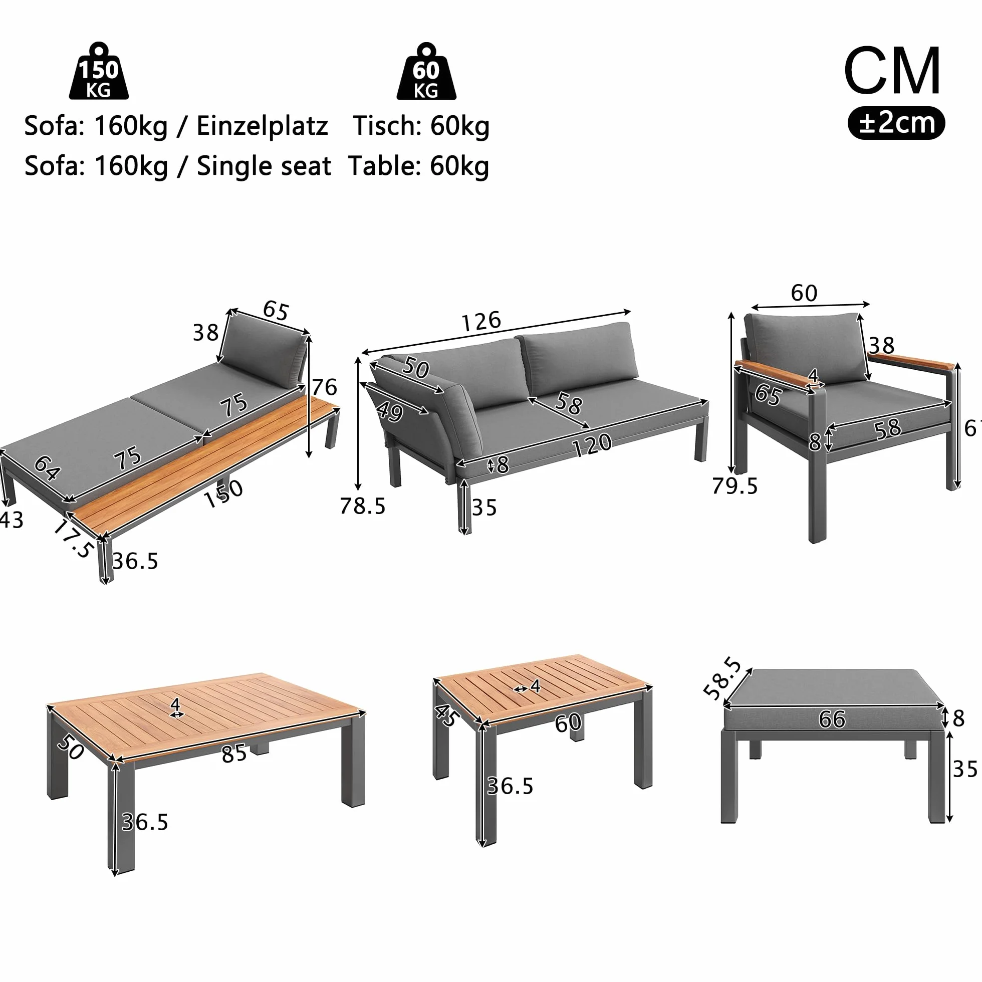 Ensemble de Meubles de Jardin pour 8 Personnes, Table en Bois, Canapé d'Extérieur Gris