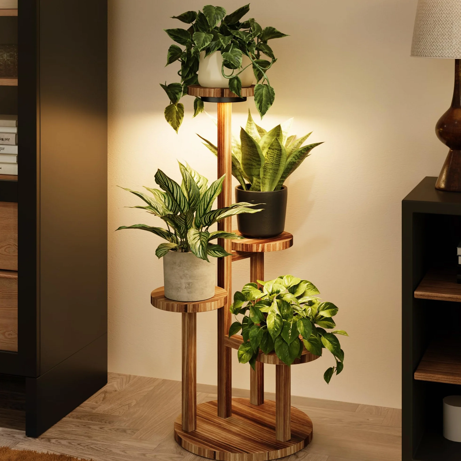 Bamworld Support pour plantes d'intérieur avec lampes de croissance - Étagère à 4 niveaux en bois - Support d'angle haut pour plantes d'extérieur - Support de fleurs rond