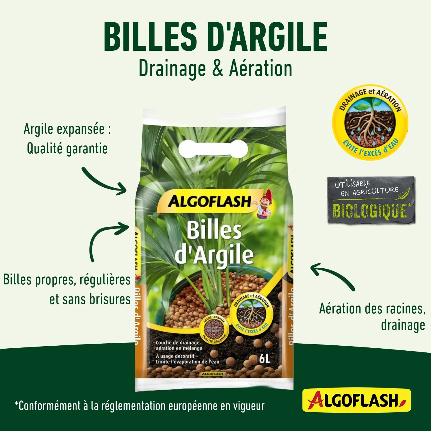 ALGOFLASH Billes d'Argile 6 L Marron Limite l'évaporation d'eau