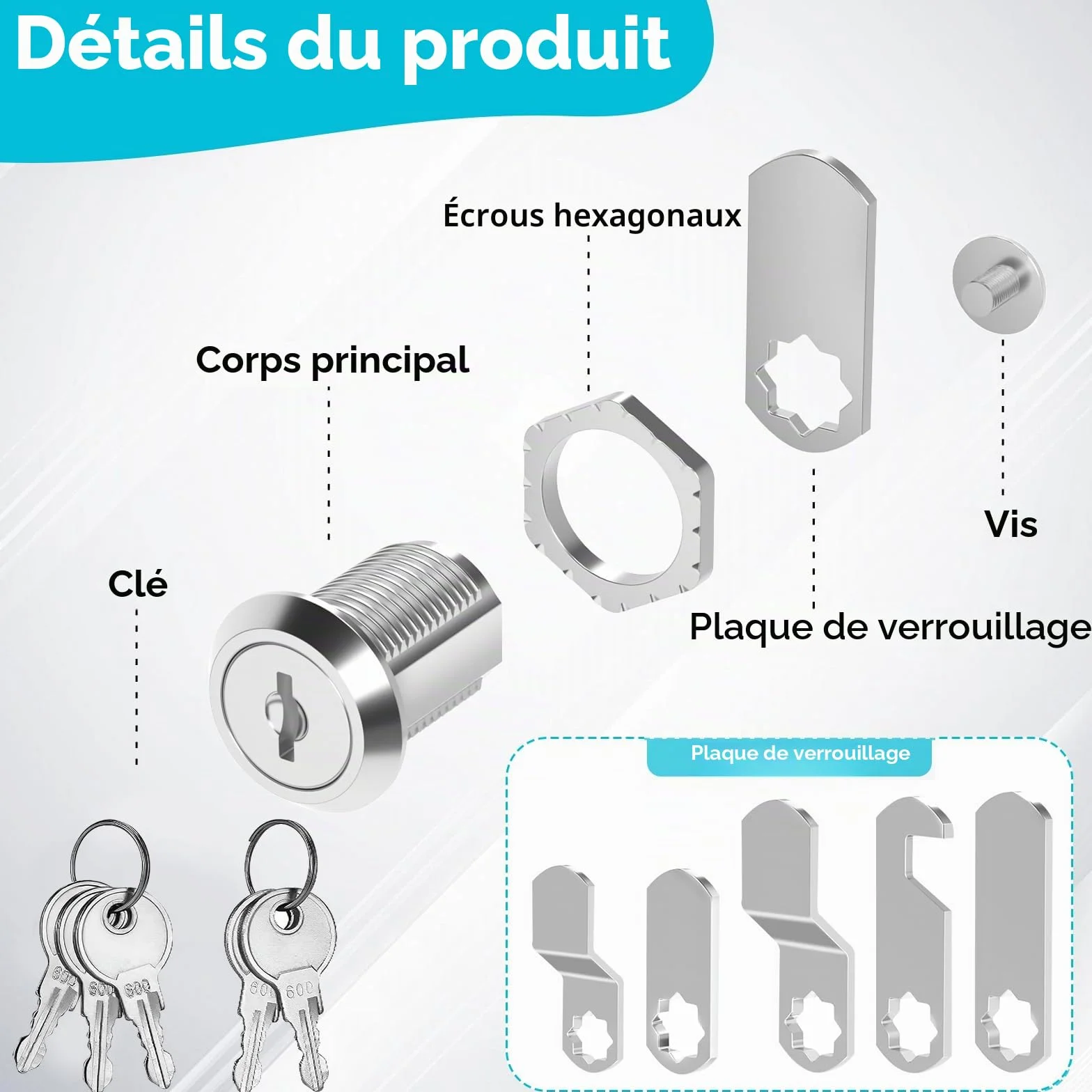 Serrure Boite Aux Lettres 16mm, Serrure De Boîte Aux Lettres avec 5 Plaques de Serrure Différentes et 5 Clés, Casier, Classeur