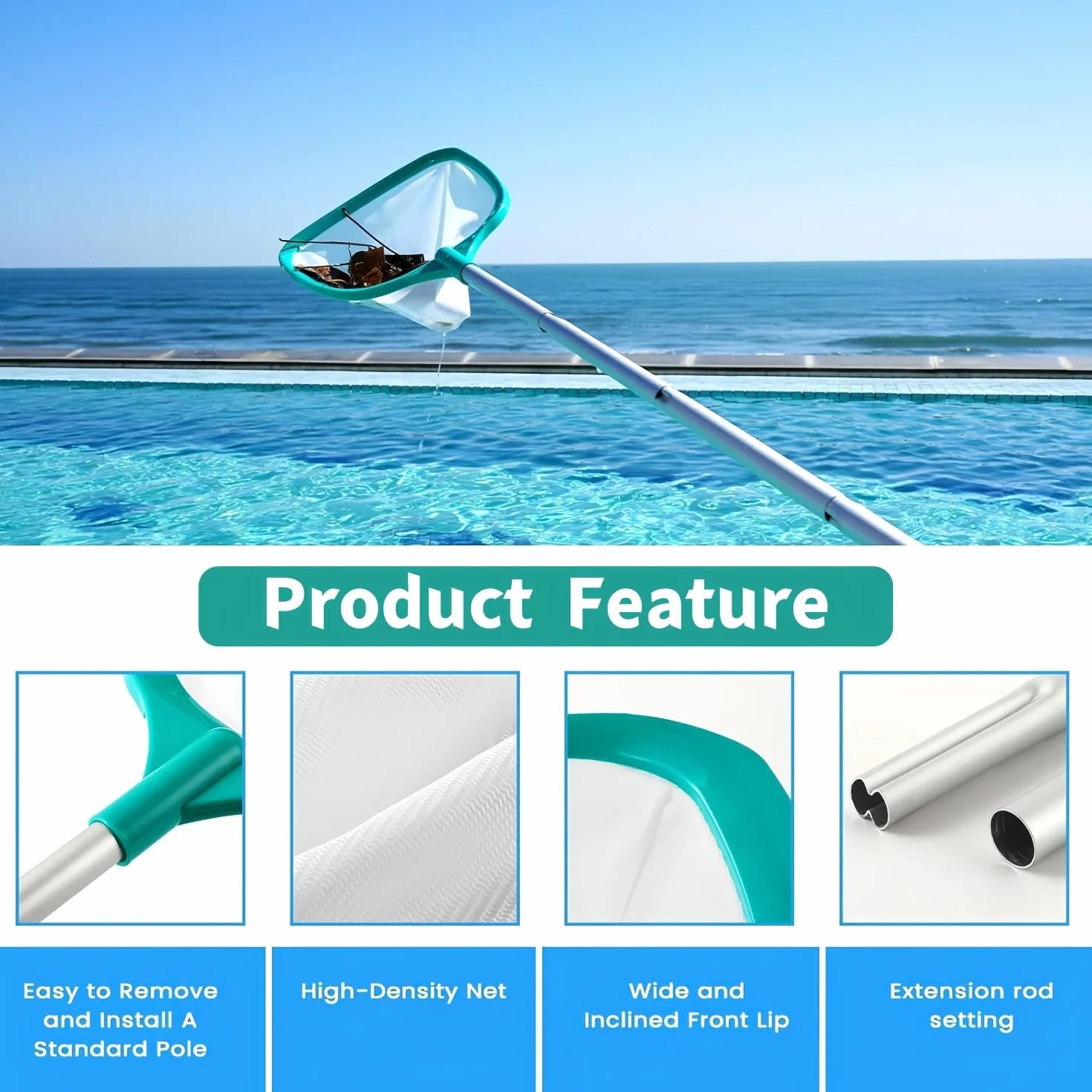 KAHEIGN 160CM Épuisettes de Surface pour Piscine, Filet de Nettoyage Feuilles avec 4 Poteaux Aluminium