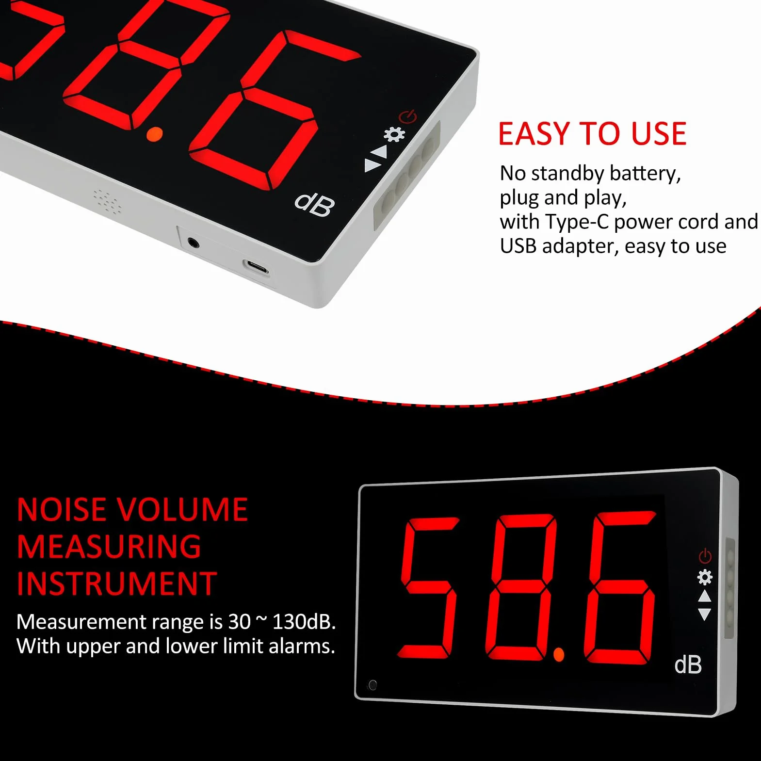 Sonomètre Numérique avec Grand Écran LCD Monté au Mur - Sonomètre Numérique à Écran LCD - Détecteur de Bruit Numérique - Testeur de Surveillance des Décibels - Instrument de Mesure du Volume Sonore 30