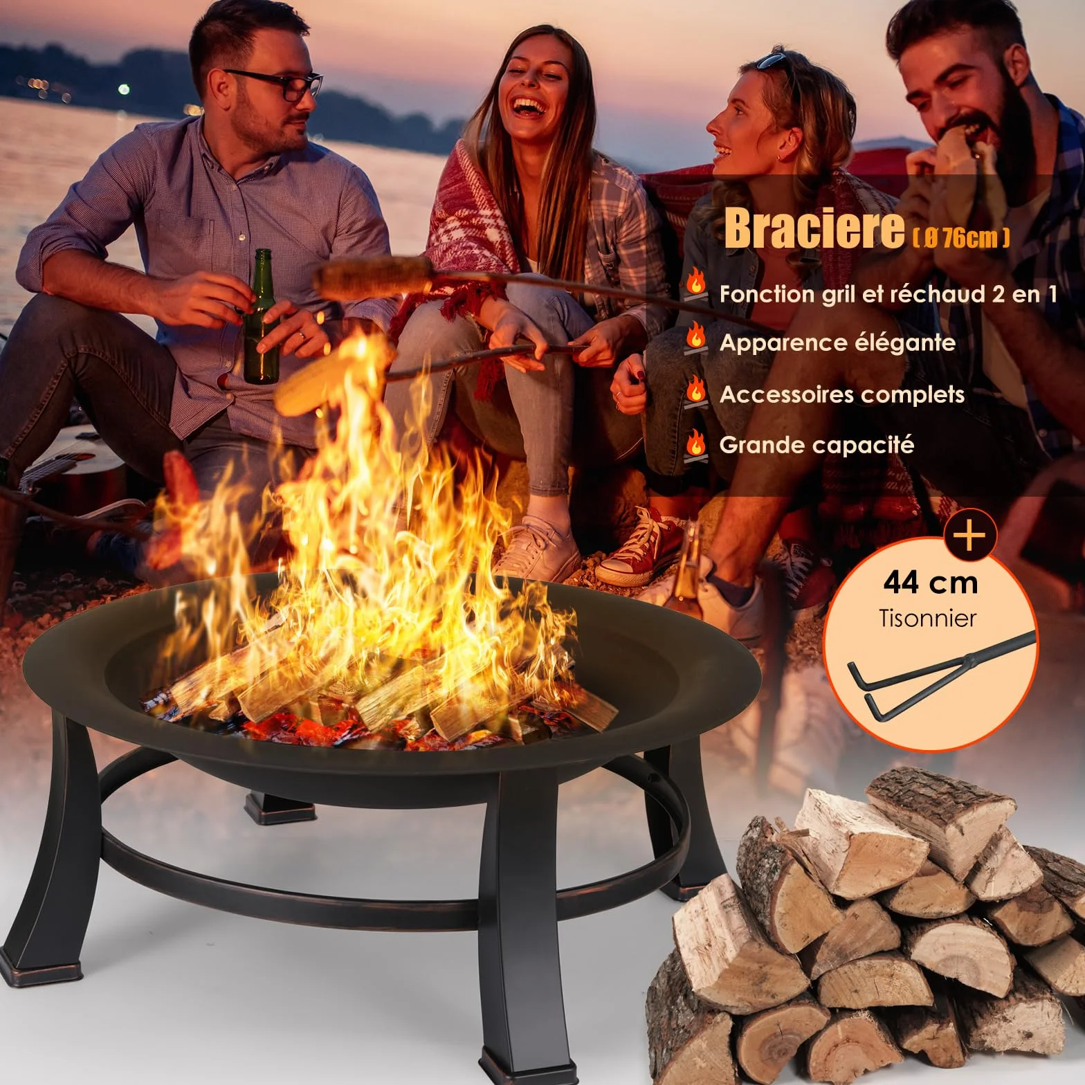TLGREEN Brasero Exterieur Ø 76 cm avec Grille Barbecue Rétro Jardin Terrasse Foyer Extérieur Noir Grand