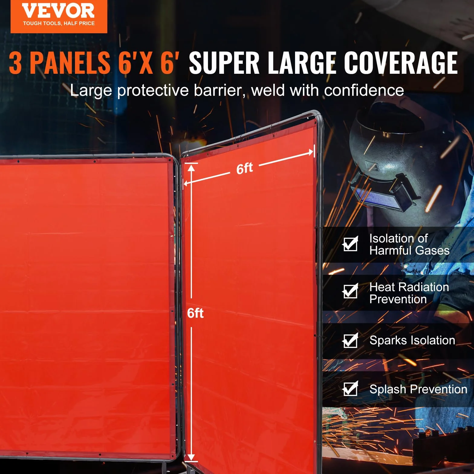 VEVOR Rideau de Soudage avec Cadre 3 Panneaux Écran Rideau de Protection pour Soudure 1,8x1,8 m en Vinyle Ignifuge sur 12 Roues Pivotantes (6 Verrouillables) Mobile Pro pour Atelier, Industrie, Rouge
