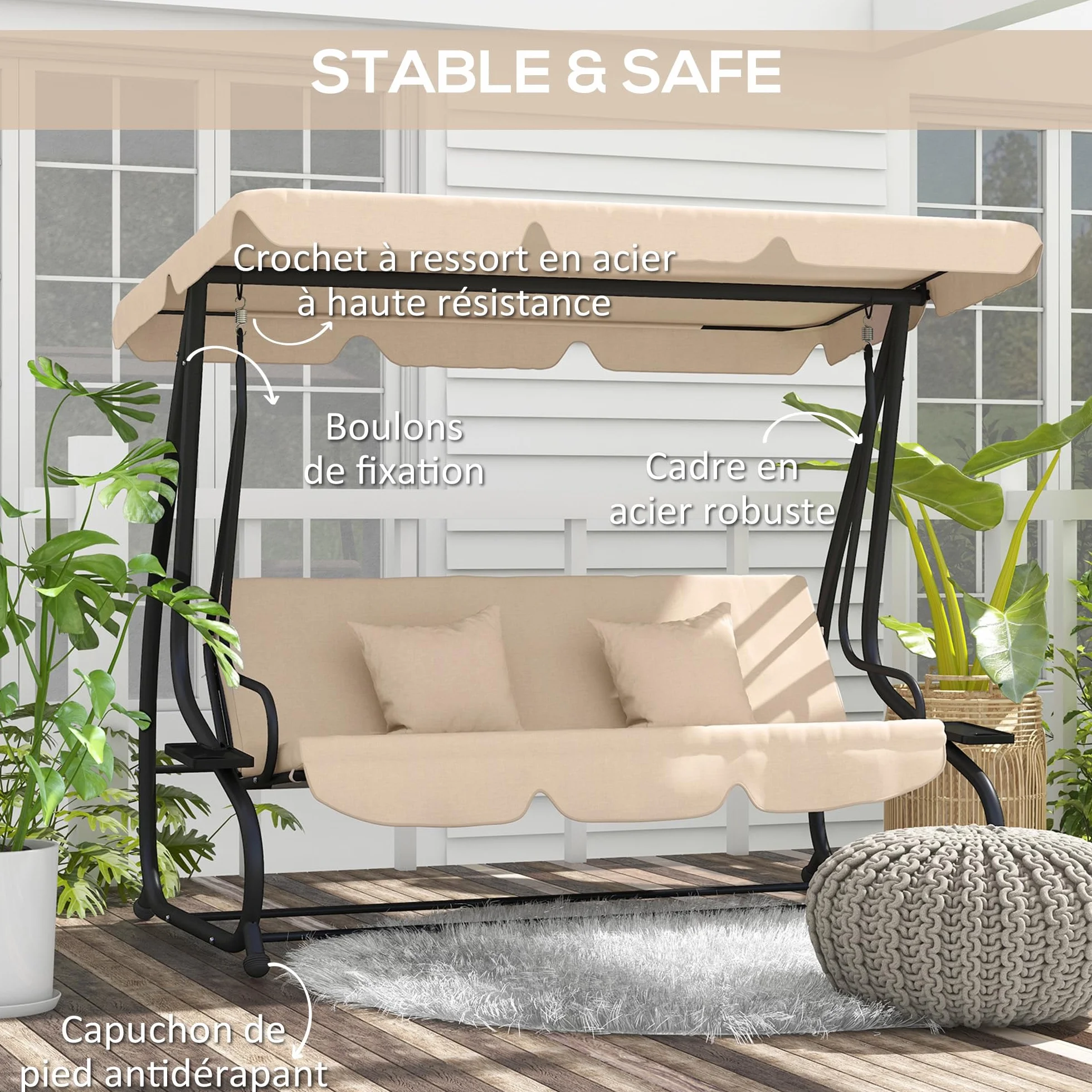 Outsunny Balancelle de Jardin 3 Places Convertible Toit Inclinaison réglable Métal Noir Polyester