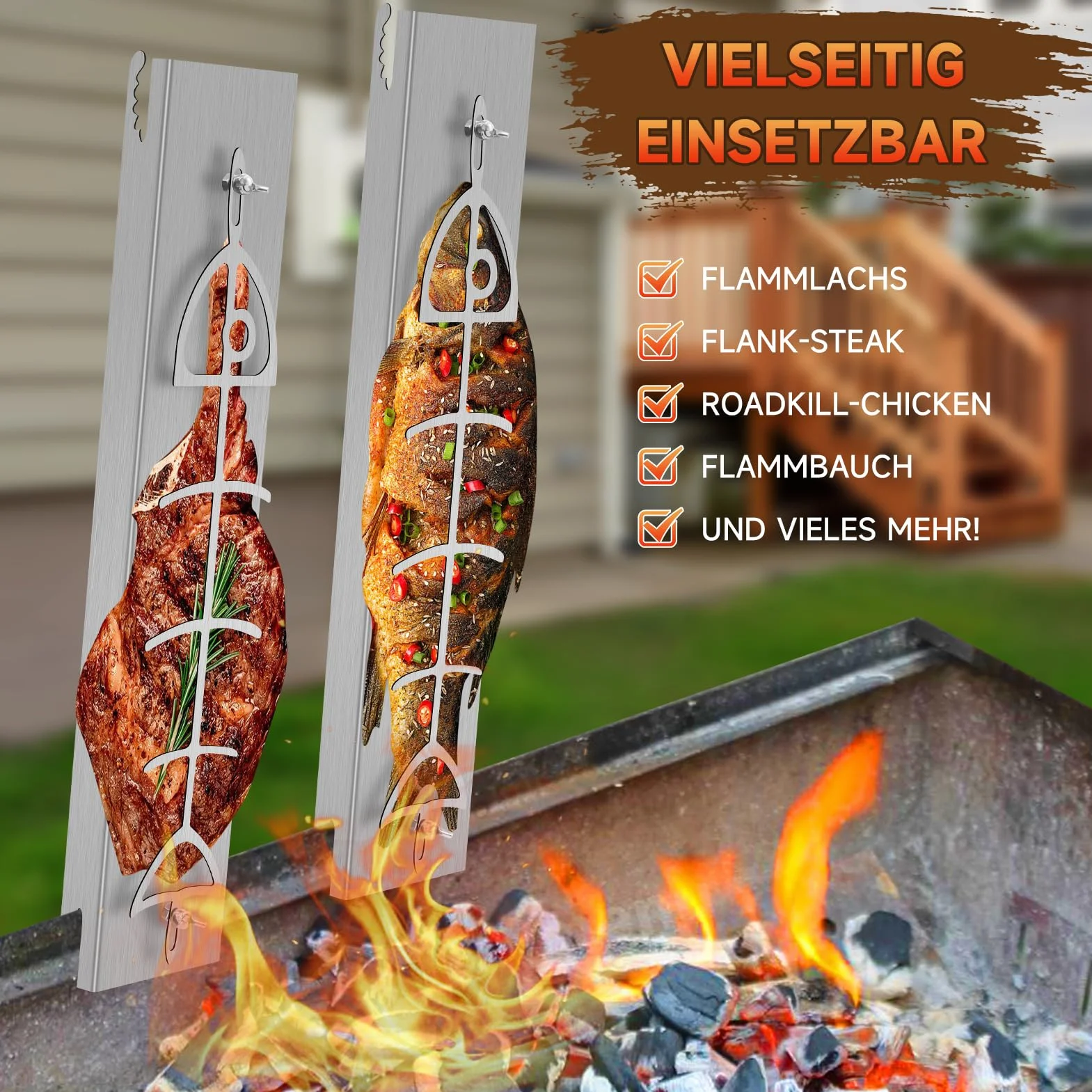 Planche à saumon flambée en acier inoxydable pour brasero et barbecue sphérique, réversible 180°, 5 positions