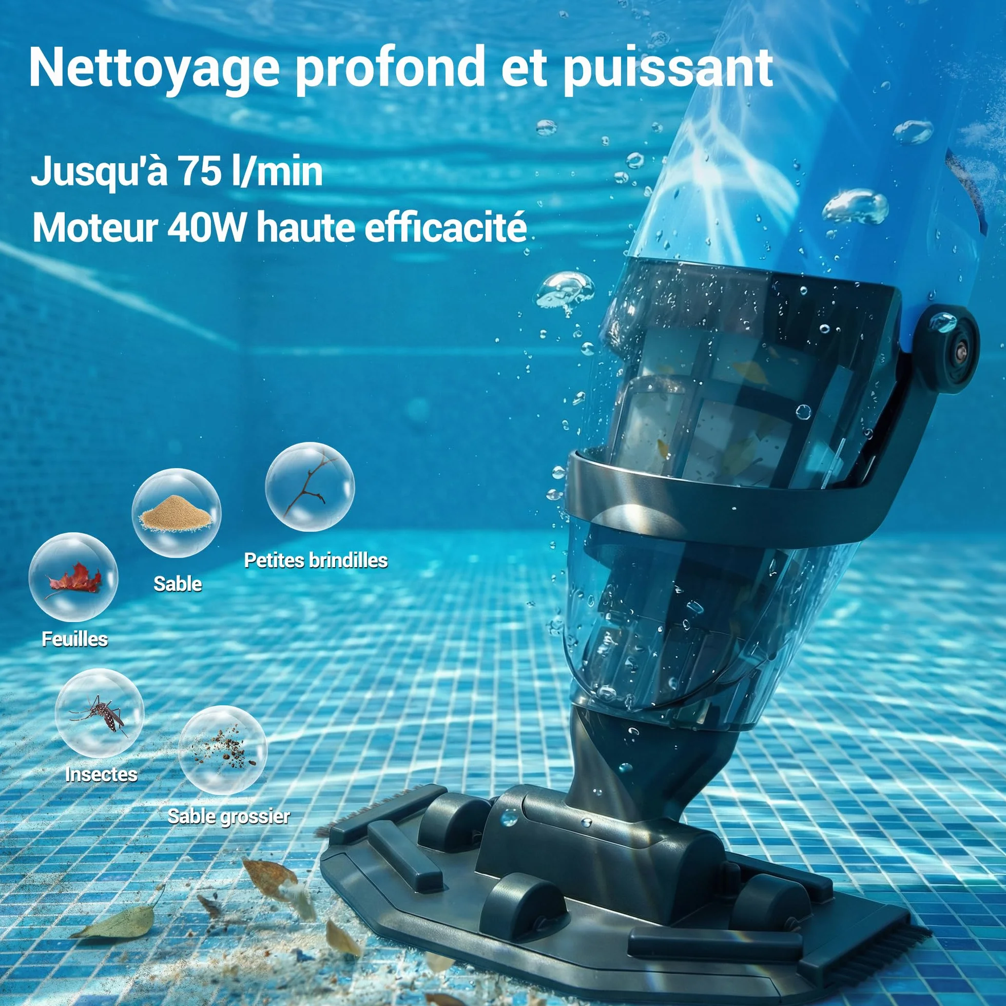 Nettoyeur de piscine sans fil rechargeable – Aspirateur à main avec tige télescopique et filtre fin pour piscines hors-sol et jacuzzis