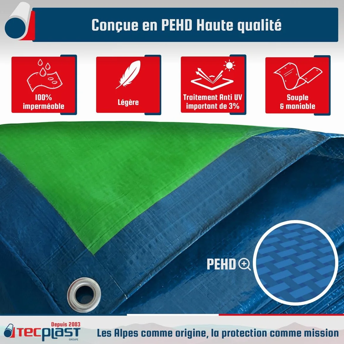 TECPLAST Bâche de Protection 6x10 m SR150MU Bleue et Verte - Haute Qualité - Bâche d'extérieur imperméable avec Oeillets
