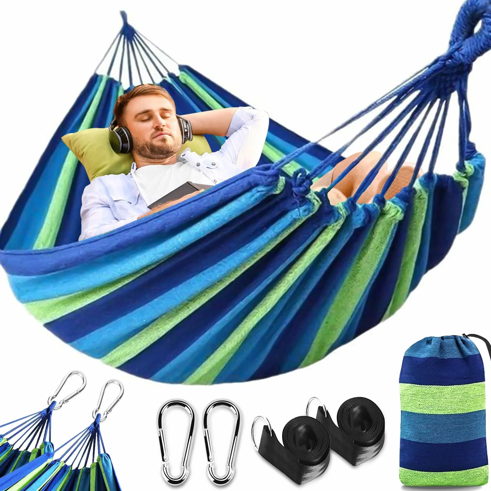 Hamac d'extérieur Camping 2 Personnes 300x150 cm 270 kg Capacité de Charge Toile Suspendu Portable Jardin Plage Balcon