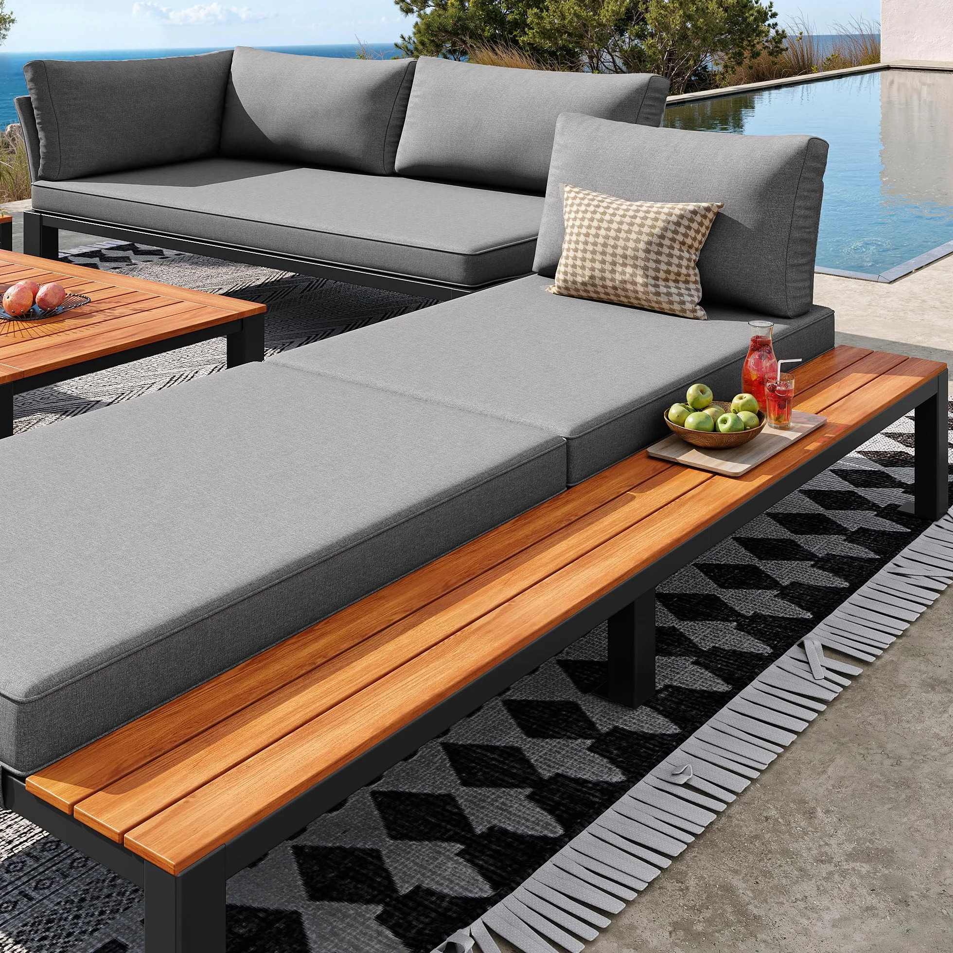 Ensemble de Meubles de Jardin pour 8 Personnes, Table en Bois, Canapé d'Extérieur Gris