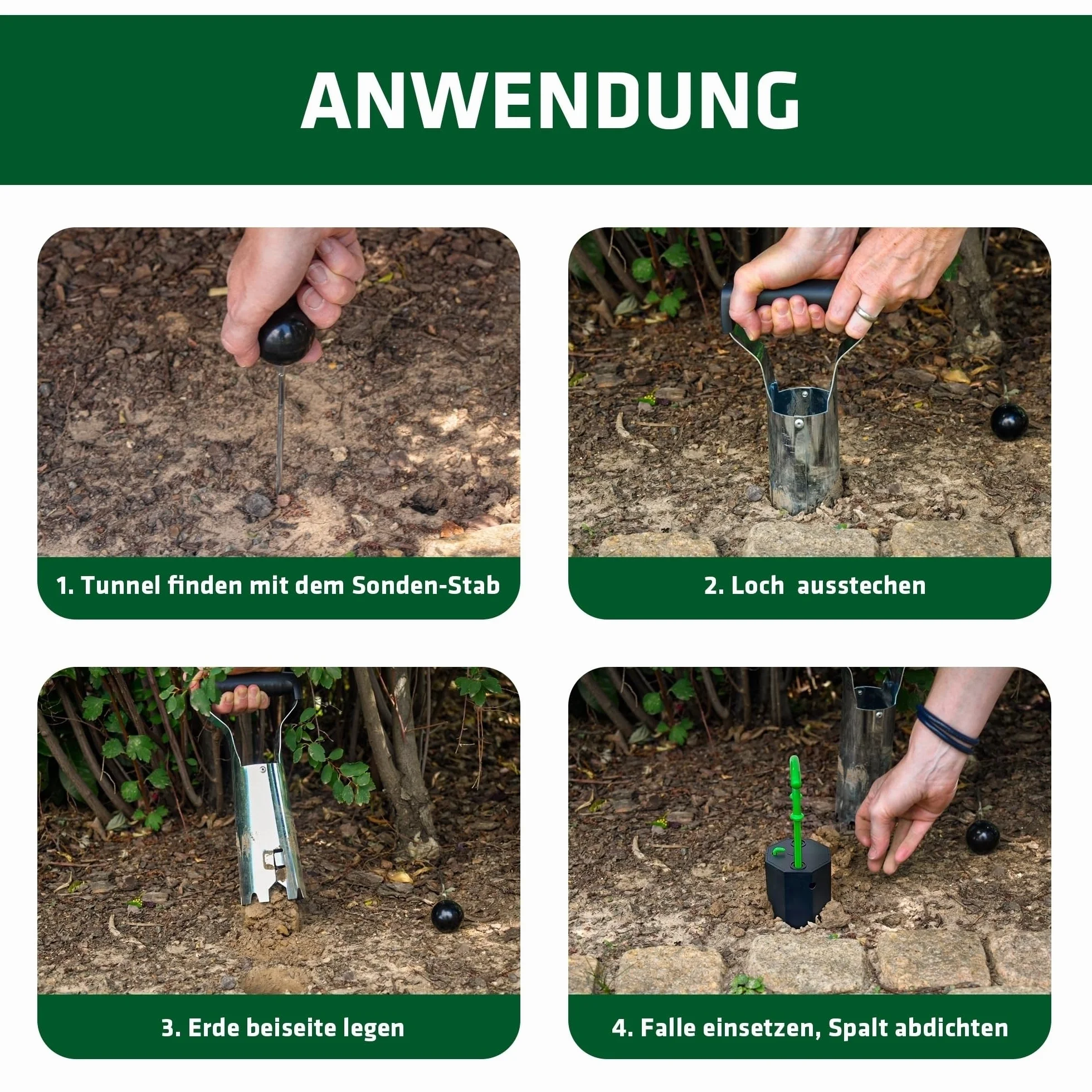 GARDIGO® Piège à Campagnols Kit Complet - 4 Pièges Réutilisables avec Détecteur de Trous et Répulsif Rongeurs