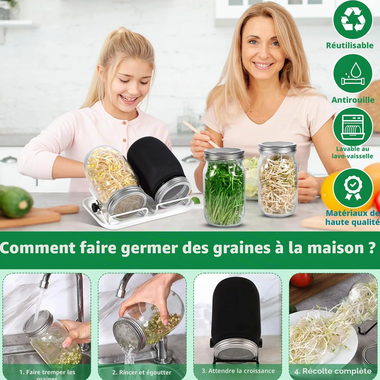 Bocal de Germination 2 x 1000ml Germoir en Verre avec Couvercle Inox et Support