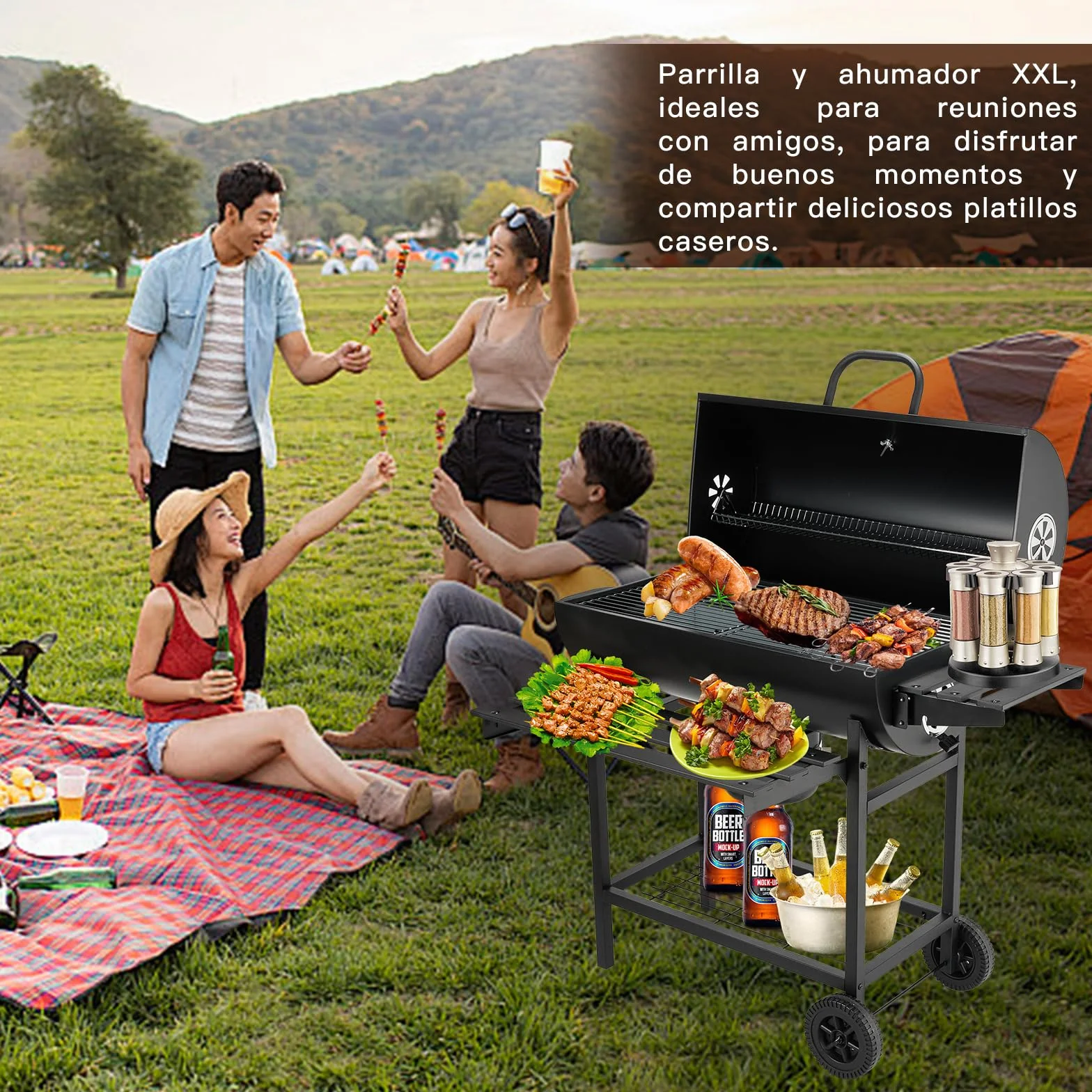 TEENO Barbecue au Charbon de Bois XXL avec Grille de Cuisson, Gants Anti-Brûlures, Thermomètre