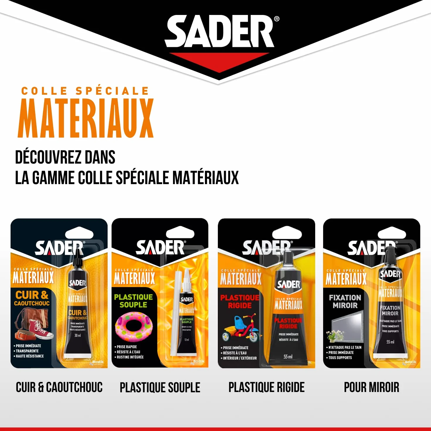 Sader Cuir et Caoutchouc – Colle Contact Type Néoprène – Prise Immédiate – Haute Résistance à l'Humidité et à la Chaleur – Formule Gel – Tube 30 ml