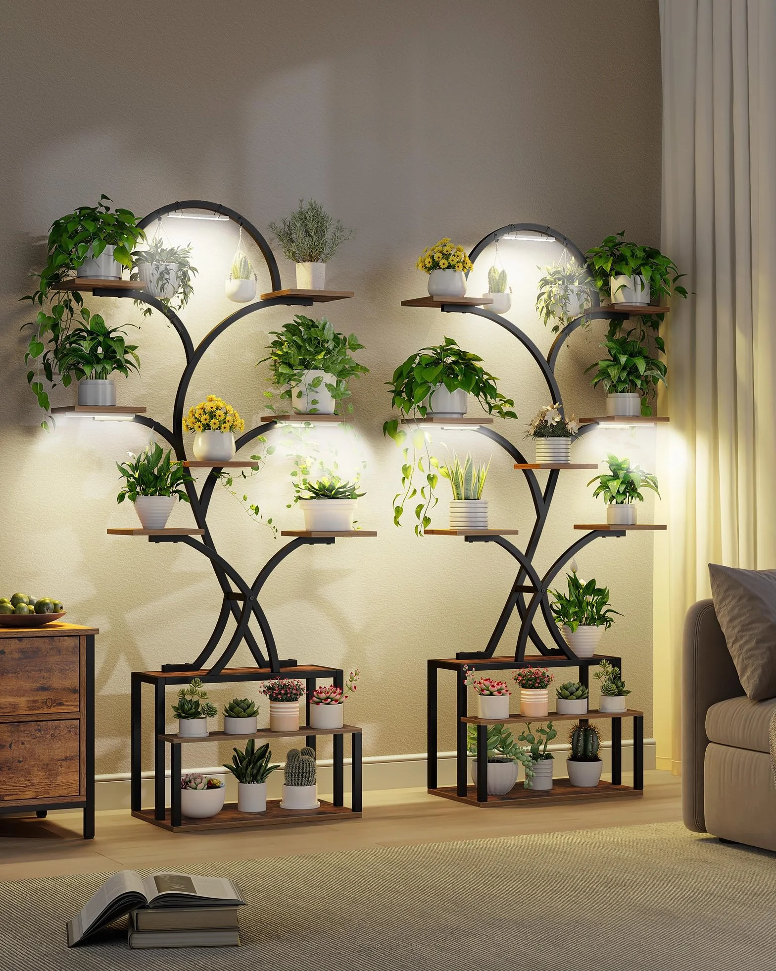 Étagère à Plantes avec Lampe LED 10 Niveaux Bois 168 cm Noir