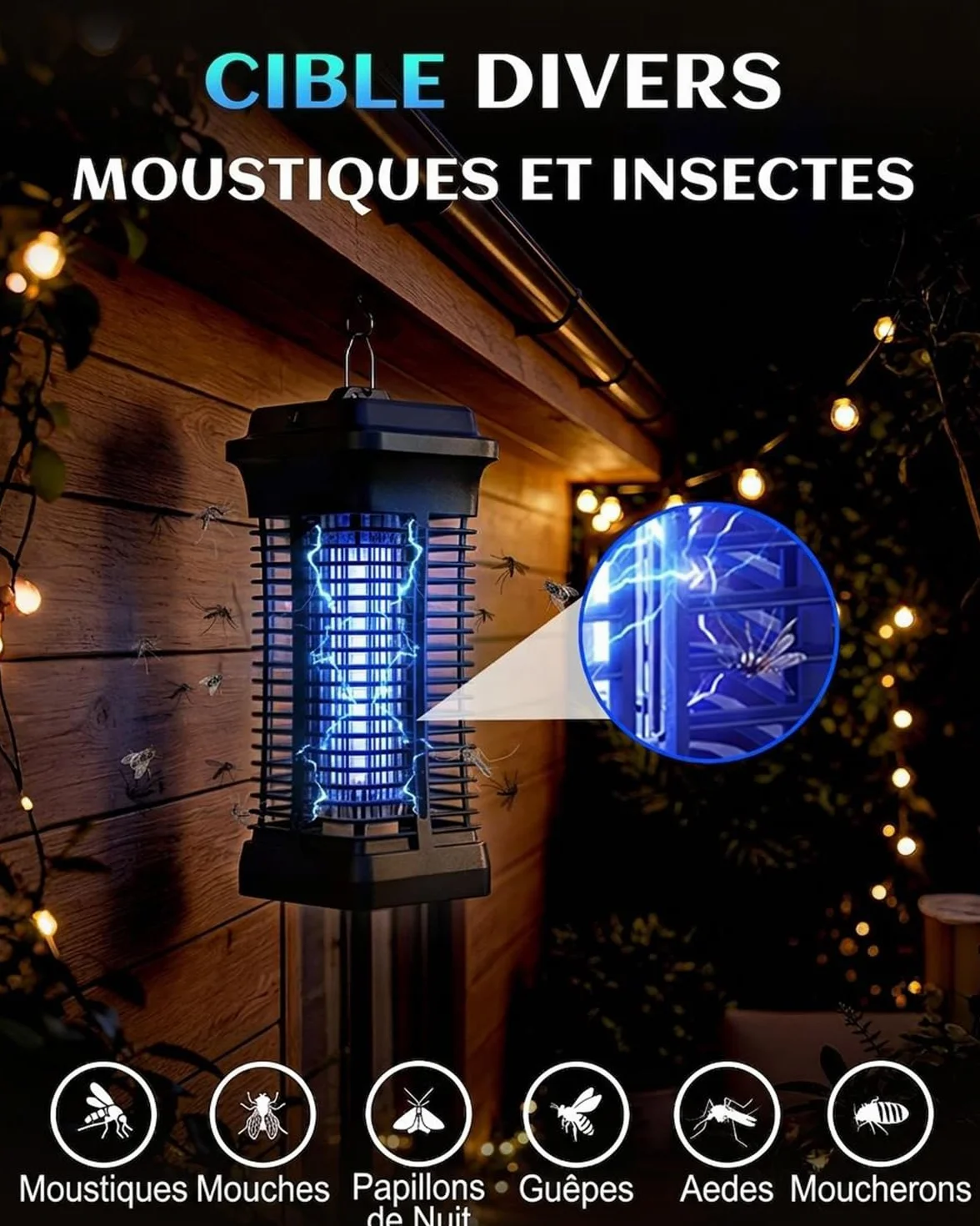 Lampe Anti Moustique Électrique 4200V, Zappeur d'Insectes UV, Tue Mouche Intérieur Extérieur IPX4 avec Crochet de Suspension