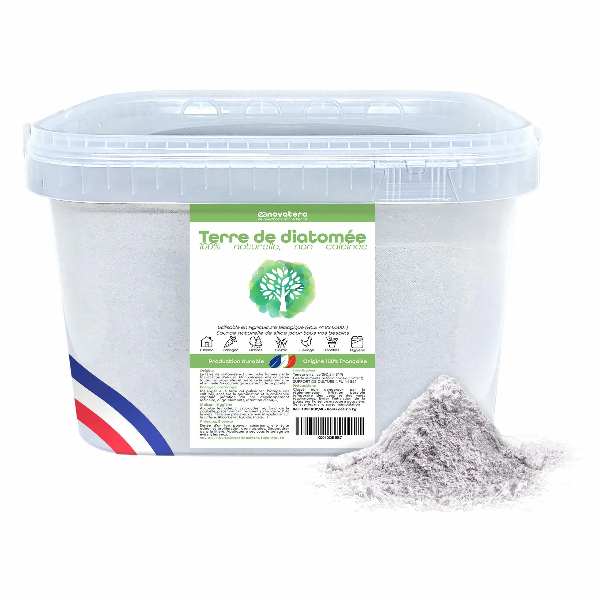 NOVATERA Terre de Diatomée 100% Naturelle Française Ultrapure Non Calcinée Ecocert 2,5kg