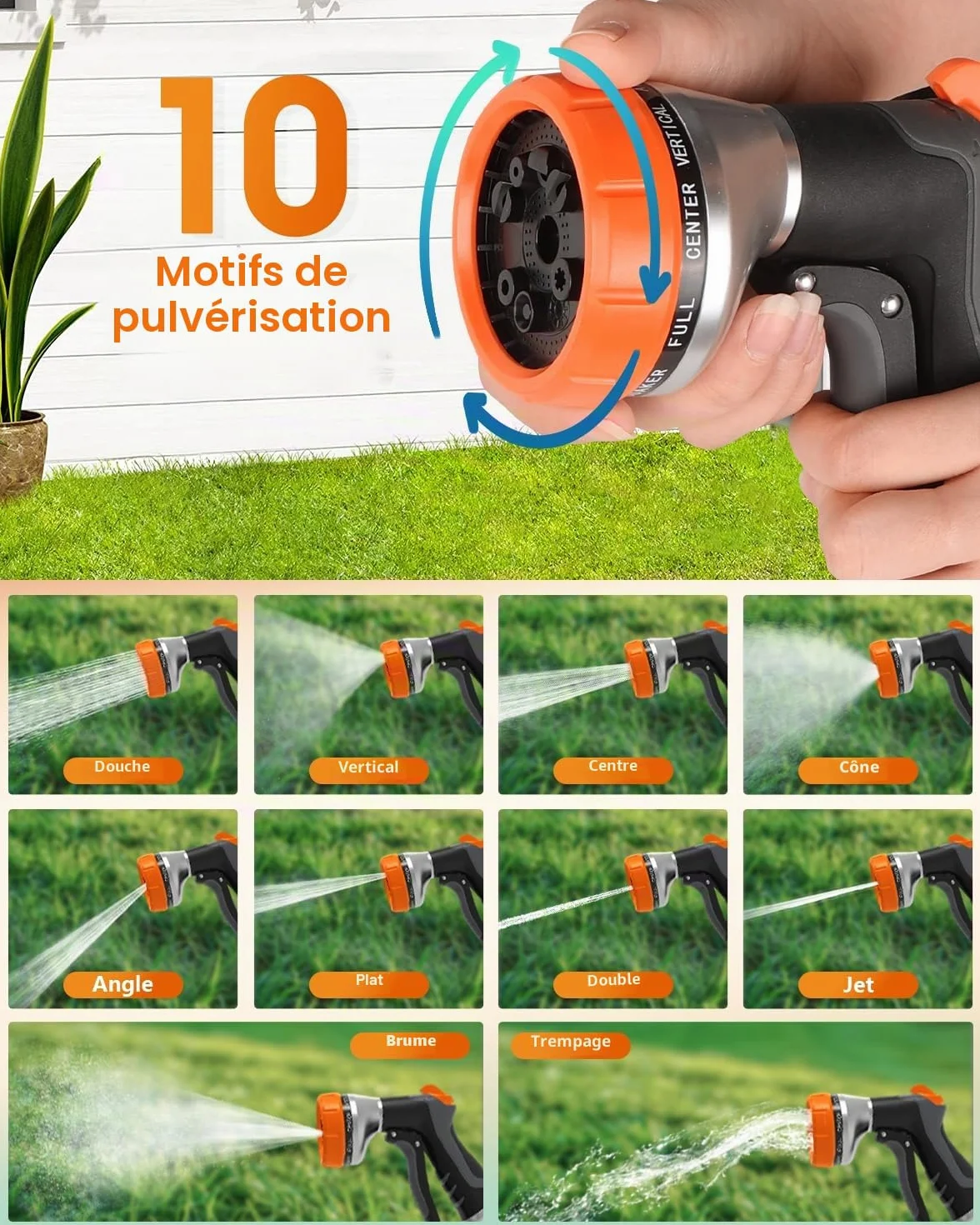 Hoofun Pistolet d'arrosage Haute Pression 10 Modes 2 Modes, Pulvérisateur Multifonctionnel pour Lavage Voiture Jardin Animaux Plantes