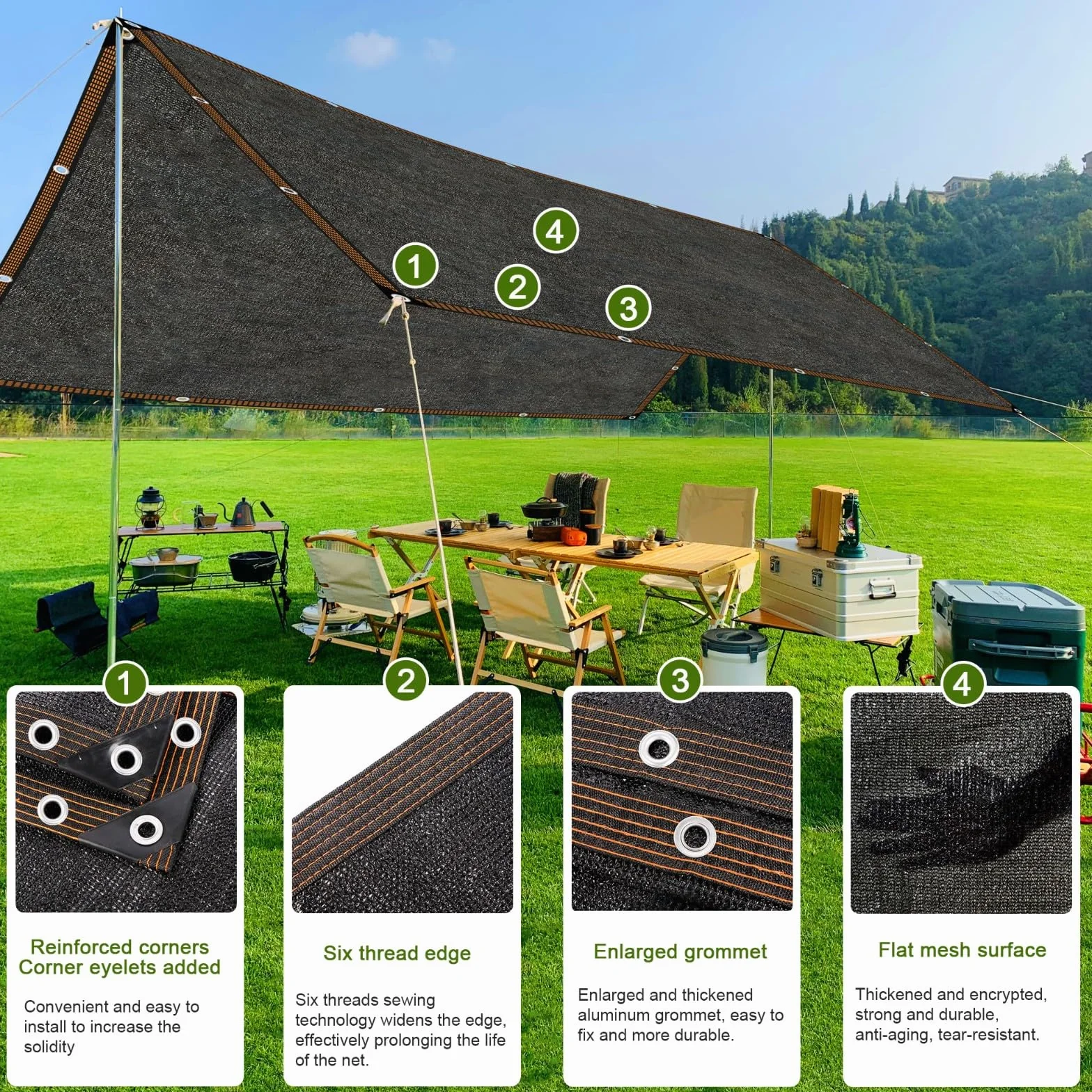 Voile d'ombrage 3x4M Filet Protection Solaire UV Noir 80% avec œillets