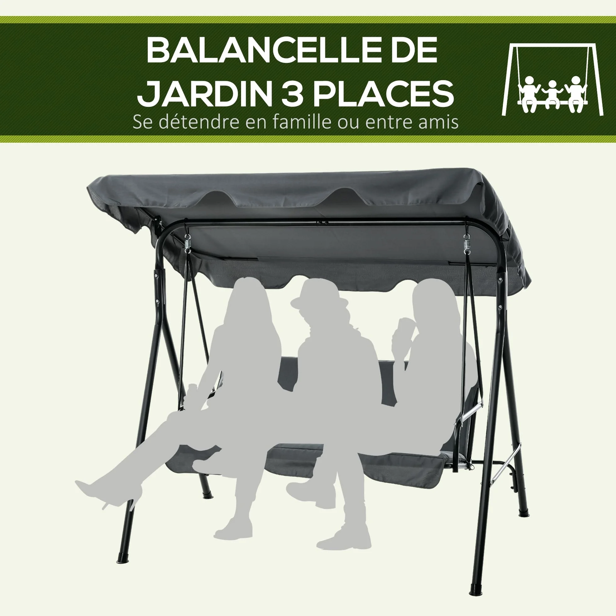 Outsunny Balancelle de Jardin 3 Places Toit Inclinable Coussins Acier Noir 1,72L x 1,1l x 1,53H m