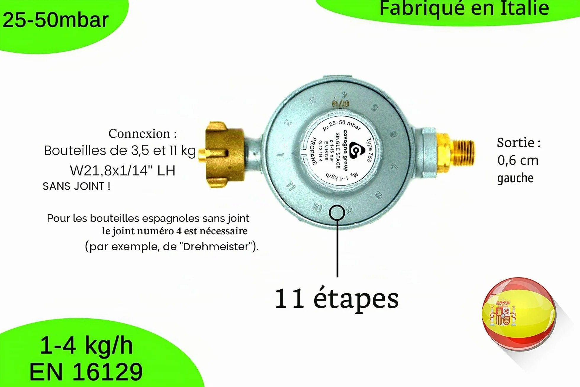 Cavagna Régulateur Basse Pression 25-50mbar réglable 11 Niveaux pour Gaz
