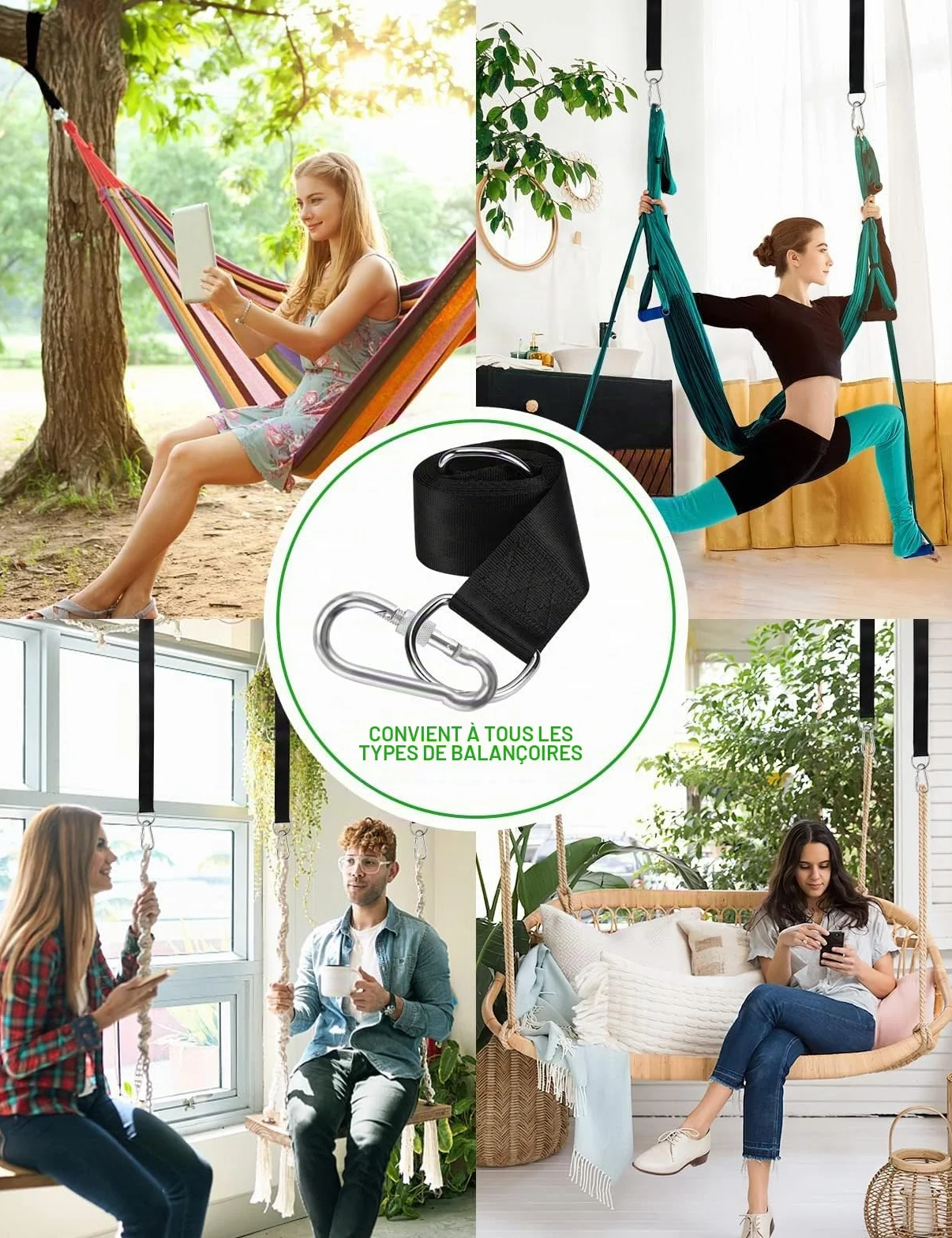 Sangle hamac arbre 2 x 150 cm D-Ring mousquetons charge max 500KG