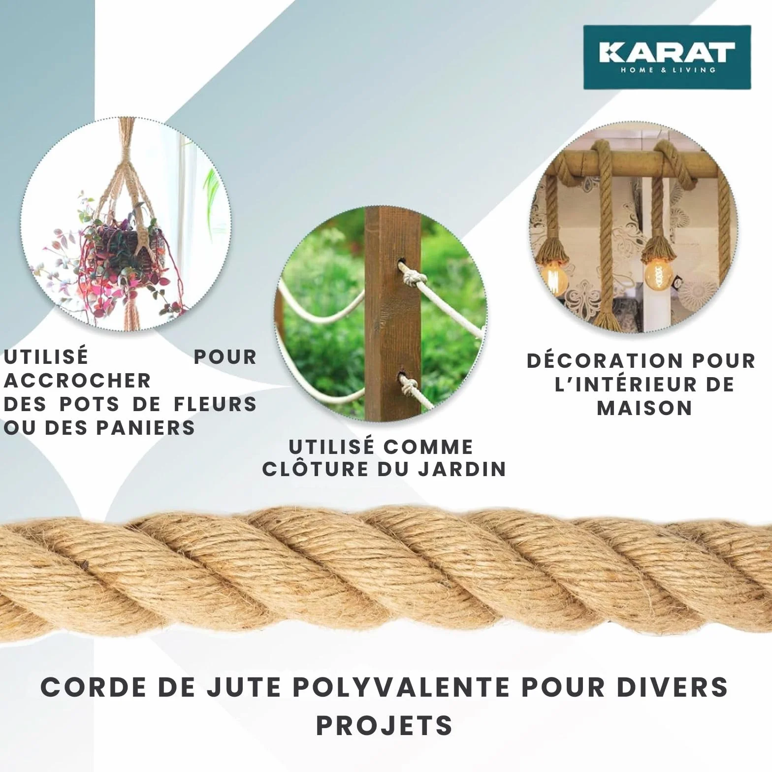 KARAT - Corde en Jute Torsadée - 100% Naturelle et Extra Solide - Idéale pour l'escalade, Le Sport, la Décoration de Jardin et Les Travaux Manuels - Diamètre 20mm, 50 Mètres