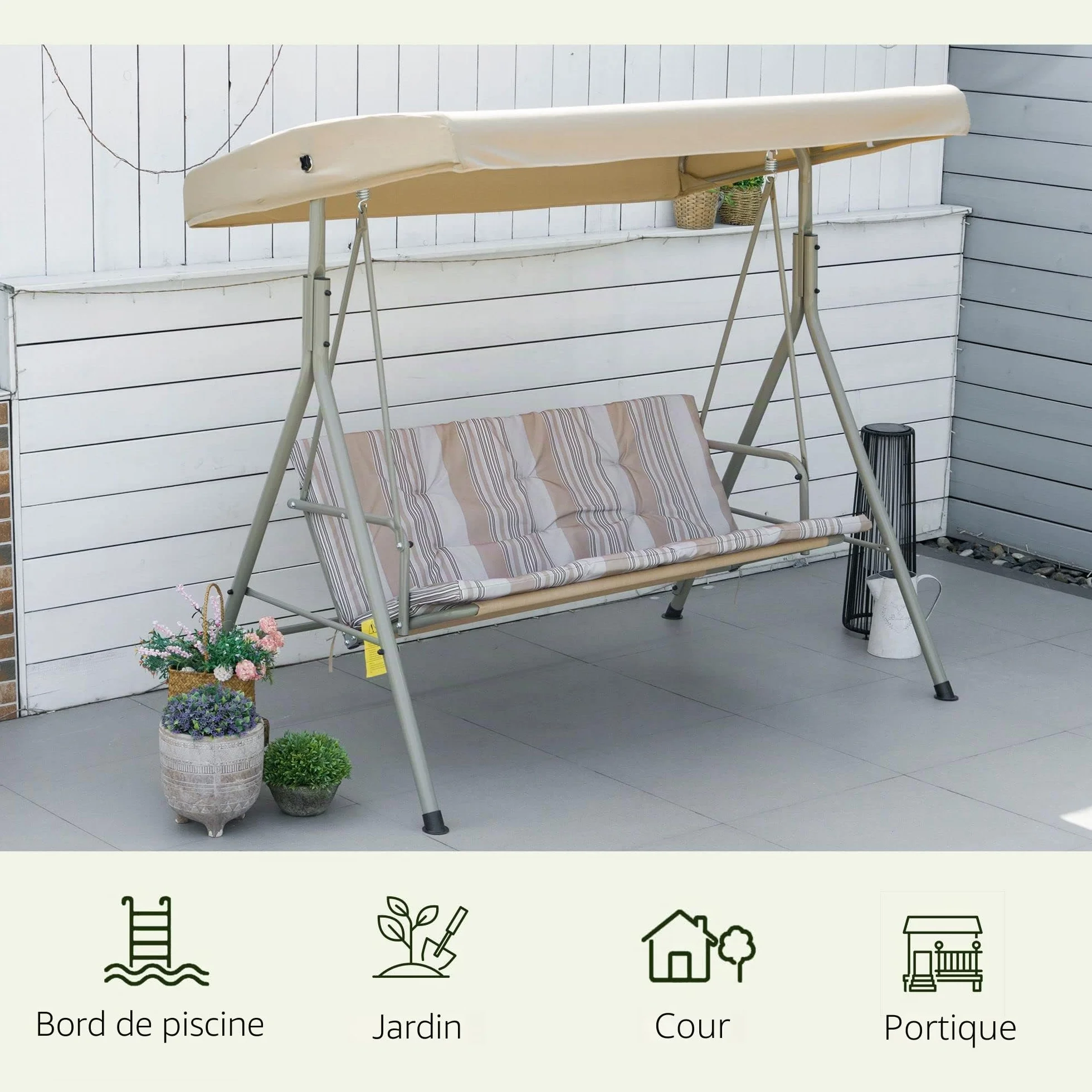 Outsunny Balancelle de Jardin 3 Places Toit Inclinaison Réglable Coussins Amovibles Polyester Acier Époxy Marron