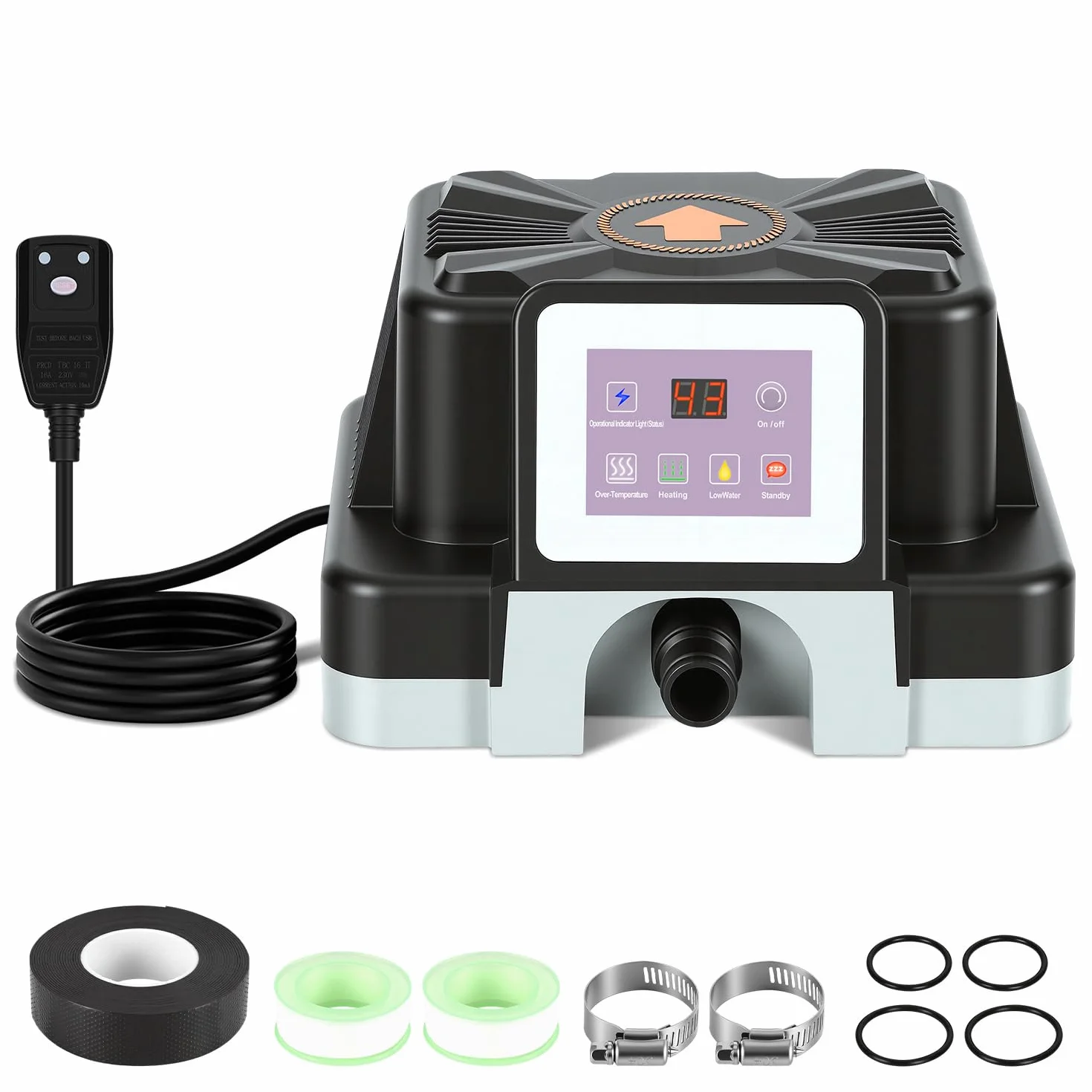 Chauffage électrique de piscine 3 kW avec affichage numérique, protection FI, anti-basculement, boîtier ignifuge, raccord 32-38 mm, 45 °C