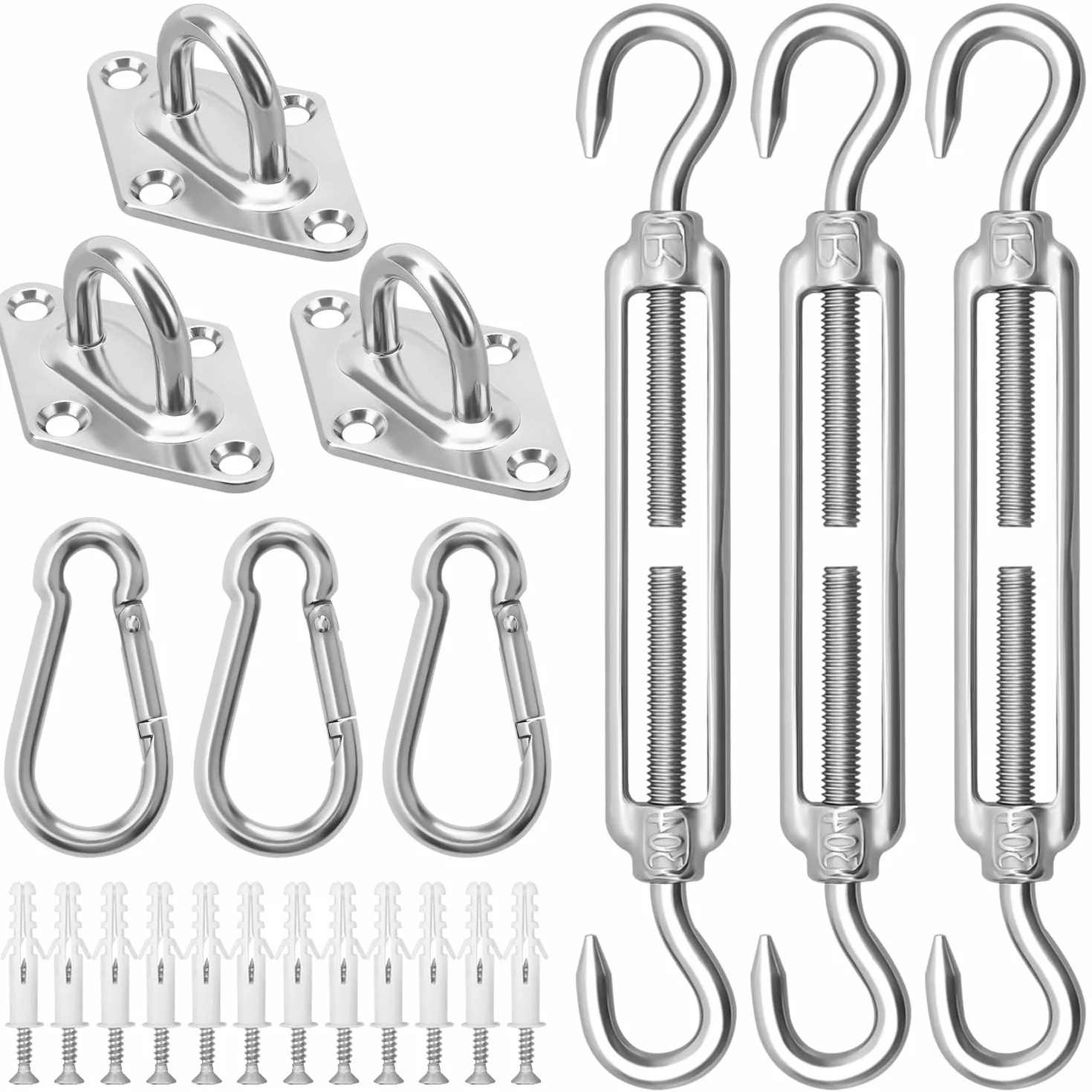 Kit de fixation pour voile d'ombrage en acier inoxydable M6 avec crochets et tendeurs
