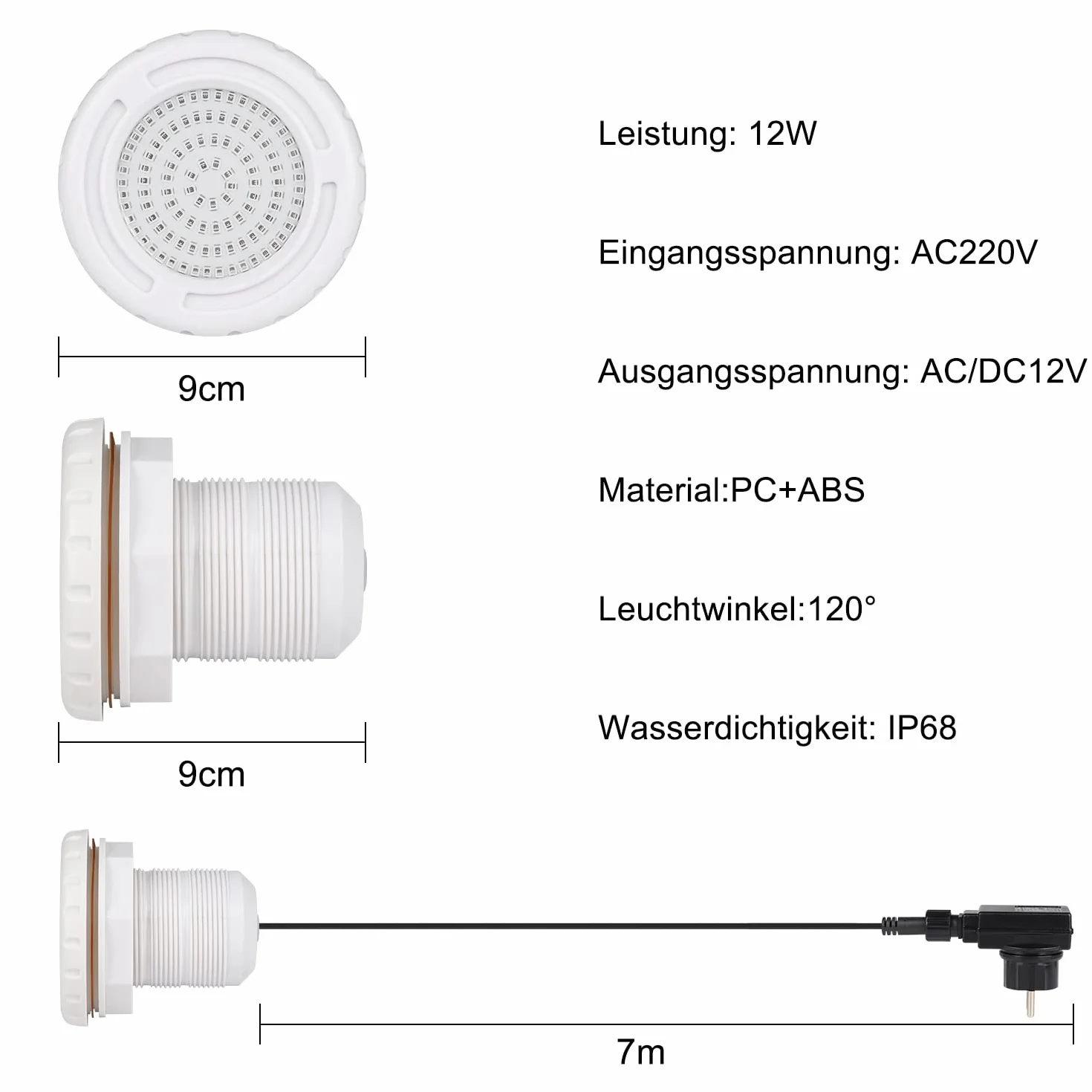 Éclairage de piscine LED 12W RGB IP68 12V avec télécommande câble 7m
