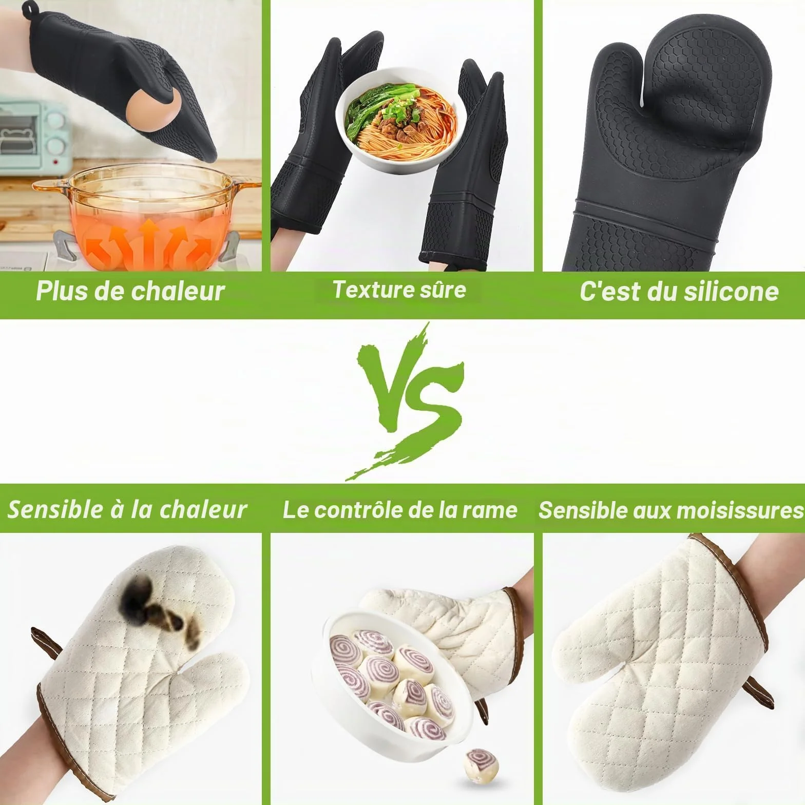 Gants de four résistants à la chaleur 300°C, set de 2 maniques silicone pour cuisine BBQ