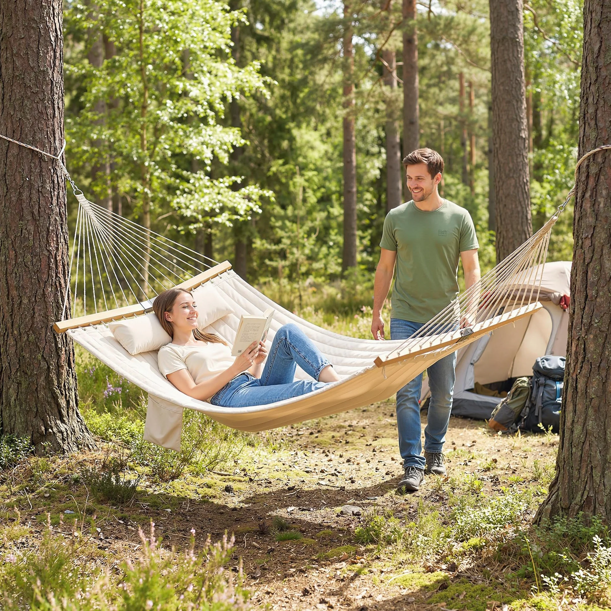 Outsunny Hamac Suspendu 325 cm avec Oreiller Extra-Long, Tissu Matelassé, Barres Anti-basculement Hêtre Courbées