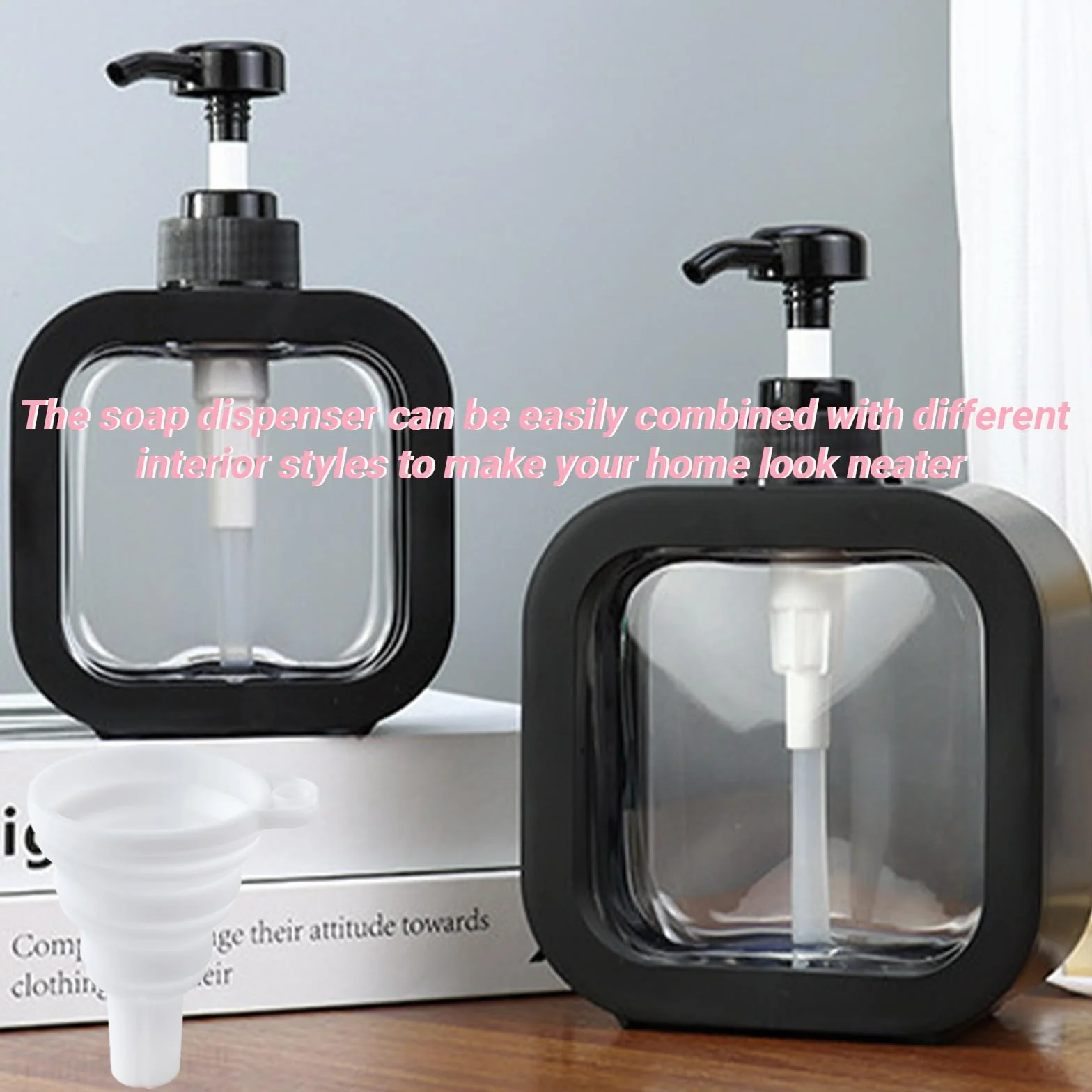 2 Pièces Noir Distributeur Savon WISIRENT, Distributeur Liquide Vaisselle Soap Dispenser, Flacon Pompe Vide Transparent Flacon Pompe Vide, Distributeur Gel Douche et 1 Entonnoir Pliable (500ml&300ml)