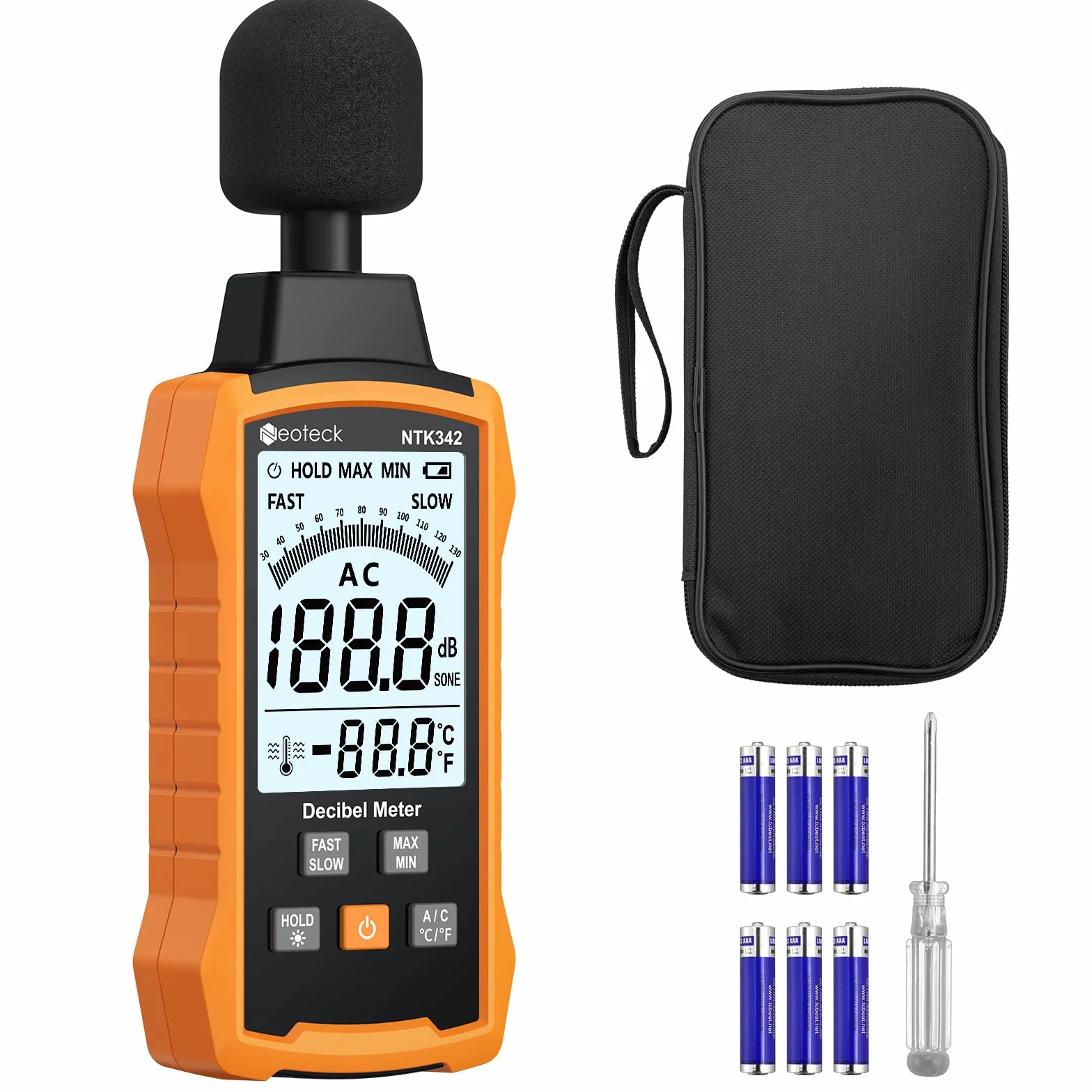 Neoteck Sonomètre Numérique Portable 30–130dB – Décibelmètre A/C Pondéré, Réponse Rapide et Lente, Écran LCD Rétroéclairé, Données MAX/MIN et Maintien, Professionnel pour Maison, Bureau, Usine