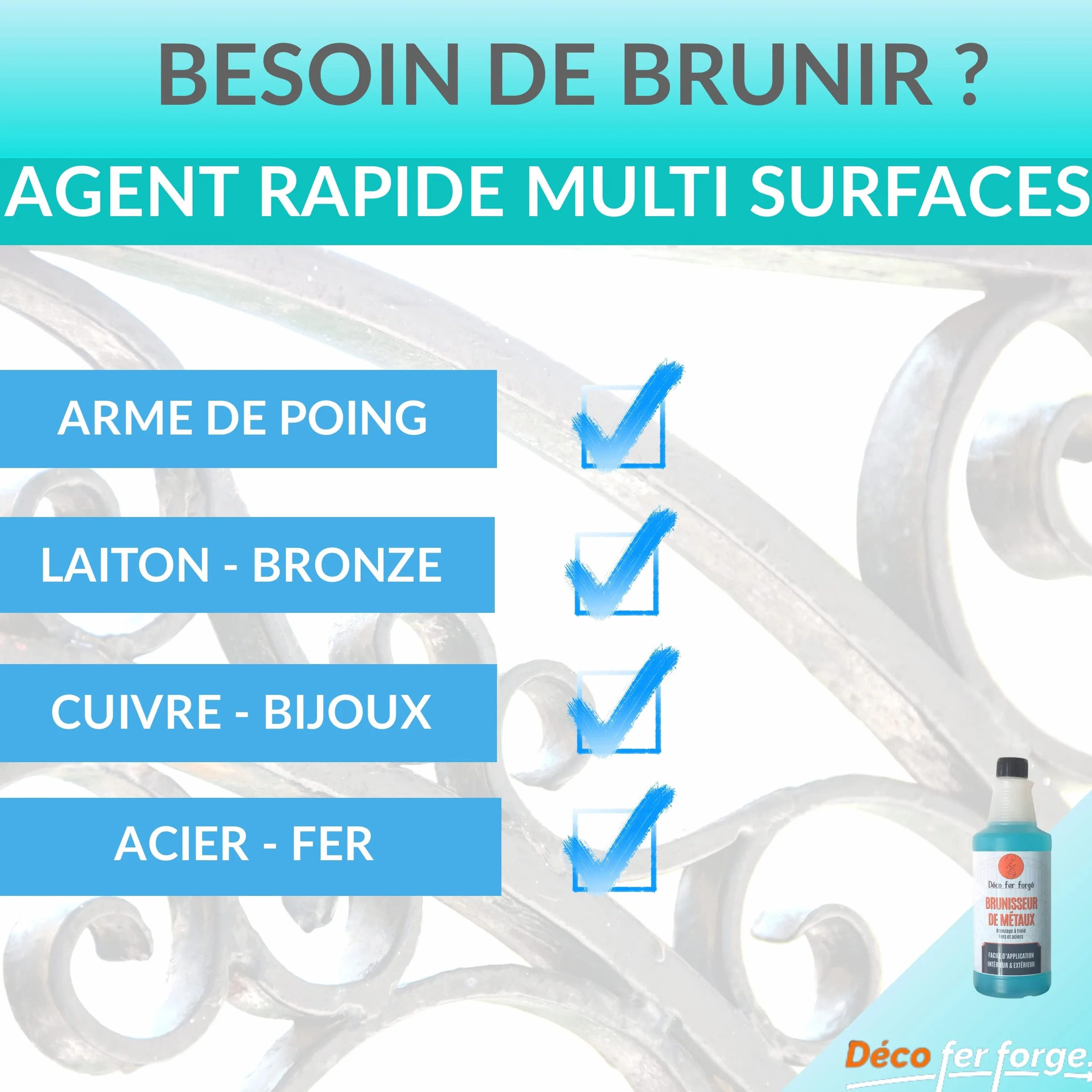 DECO FER FORGE -Brunisseur Metaux -Metal Concentre à Froid Fer Acier Laiton Bronze Cuivre Arme -Brunissage Noir Durable Efficace Rapide Facile Made in France -Grande Quantité 1L de liquide (1000 ml)