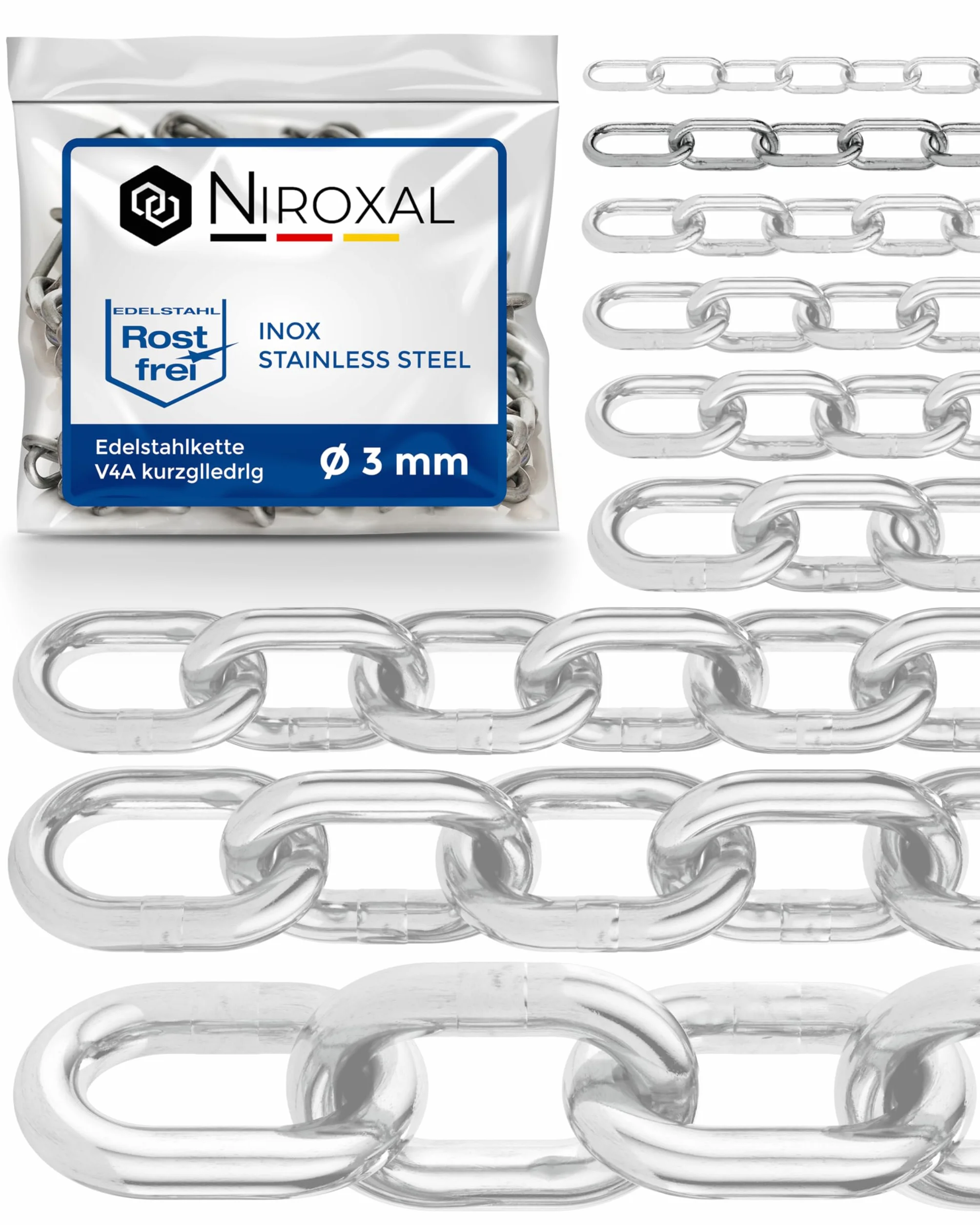 Chaîne inox A4 / 316 3 mm à maillons courts – 2 m – lot de 1 – chainette fine à maillons courts – extérieur qualité marine