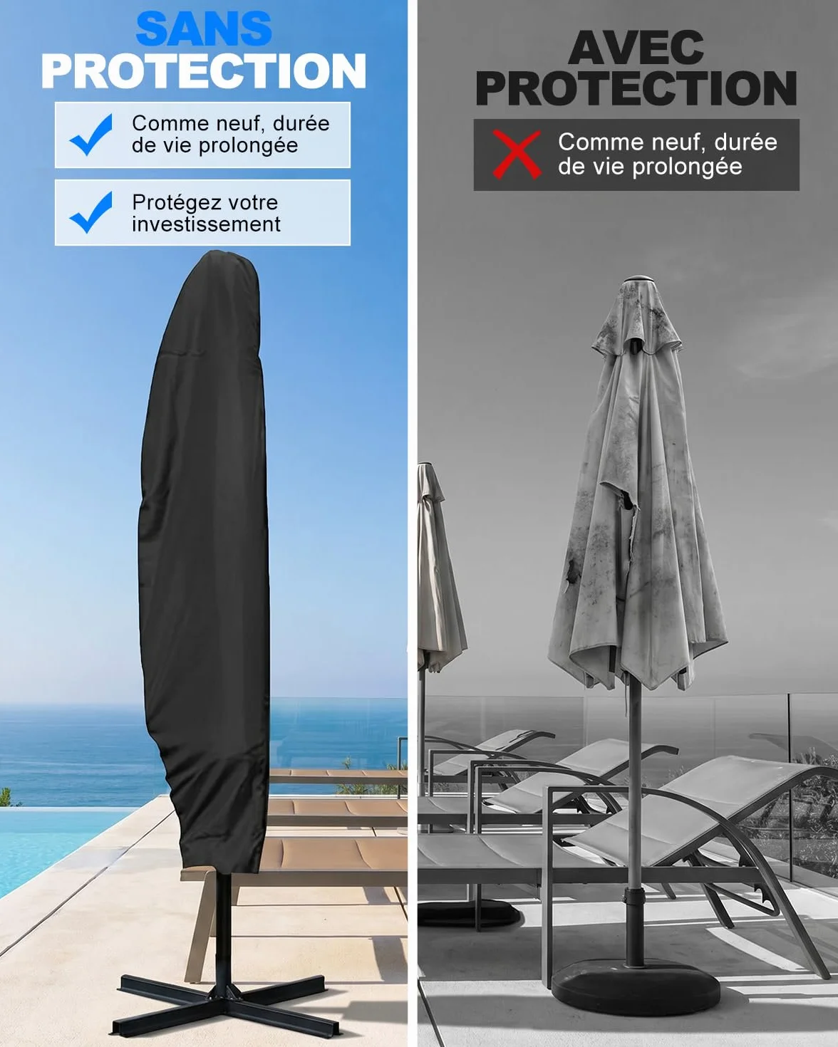 Housse Parasol Déporté Imperméable Oxford Anti-UV 265cm Protection Jardin Terrasse