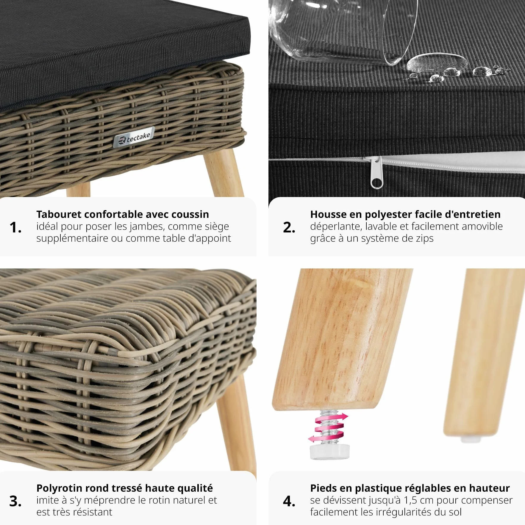 Tabouret Repose Pied Pouf Salon Extérieur Rotin Bois Coussin Imperméable Lavable Balcon Terrasse