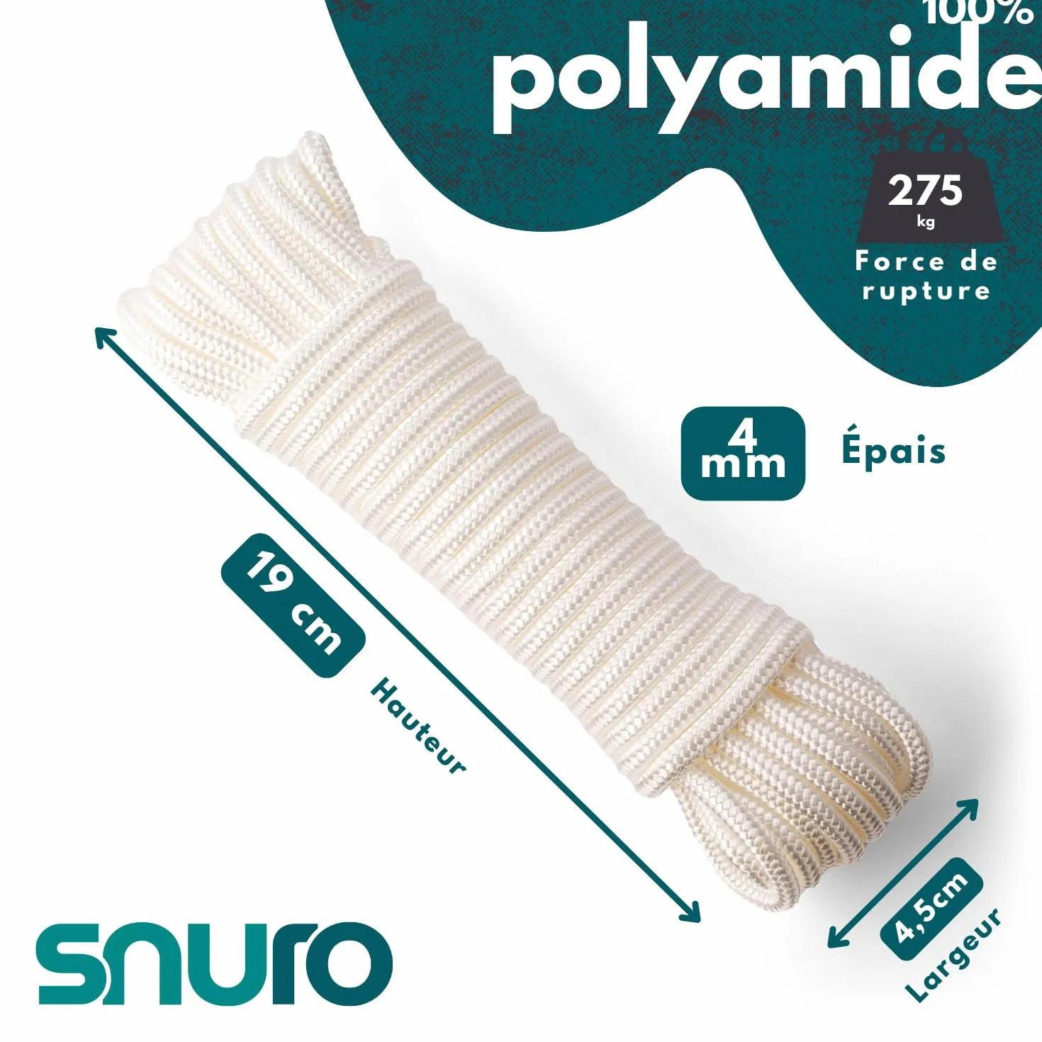 Corde Nylon Tressée (4 mm, 20 m) - Corde en Polyamide Blanc Solide Résistante à l'usure - Paracorde Solide - Résistance à la Rupture 275kg