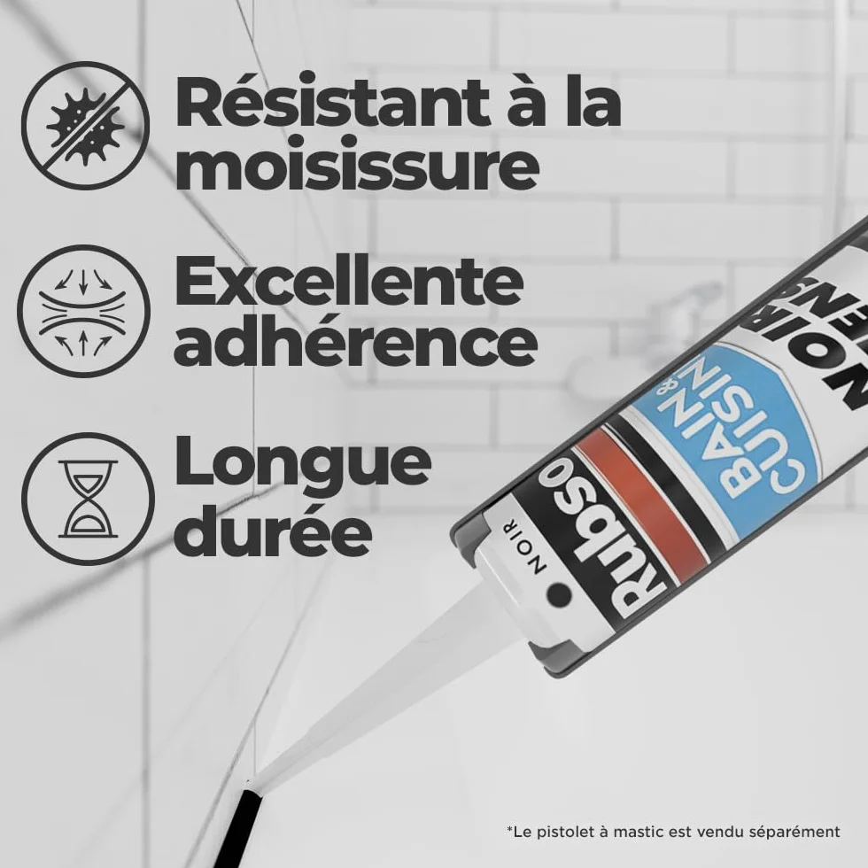 Rubson – Mastic Bain & Cuisine Noir Intense (cartouche de 280 ml) – Joint silicone multi-matériaux renforcé en antifongiques – Mastic sanitaire coloré, souple & étanche