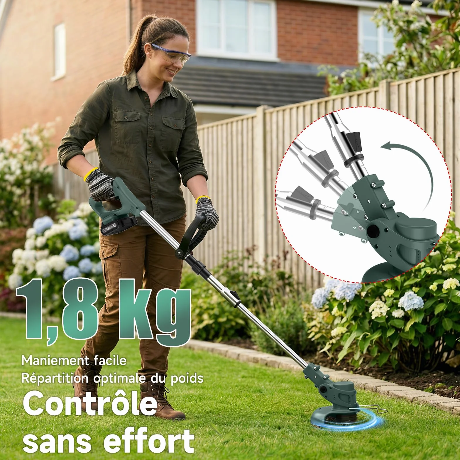 Debroussailleuse Electrique sans Fil 850W Rotofil 60cm Manche Telescopique 2x2000mAh 26 Lames Vert Lierre