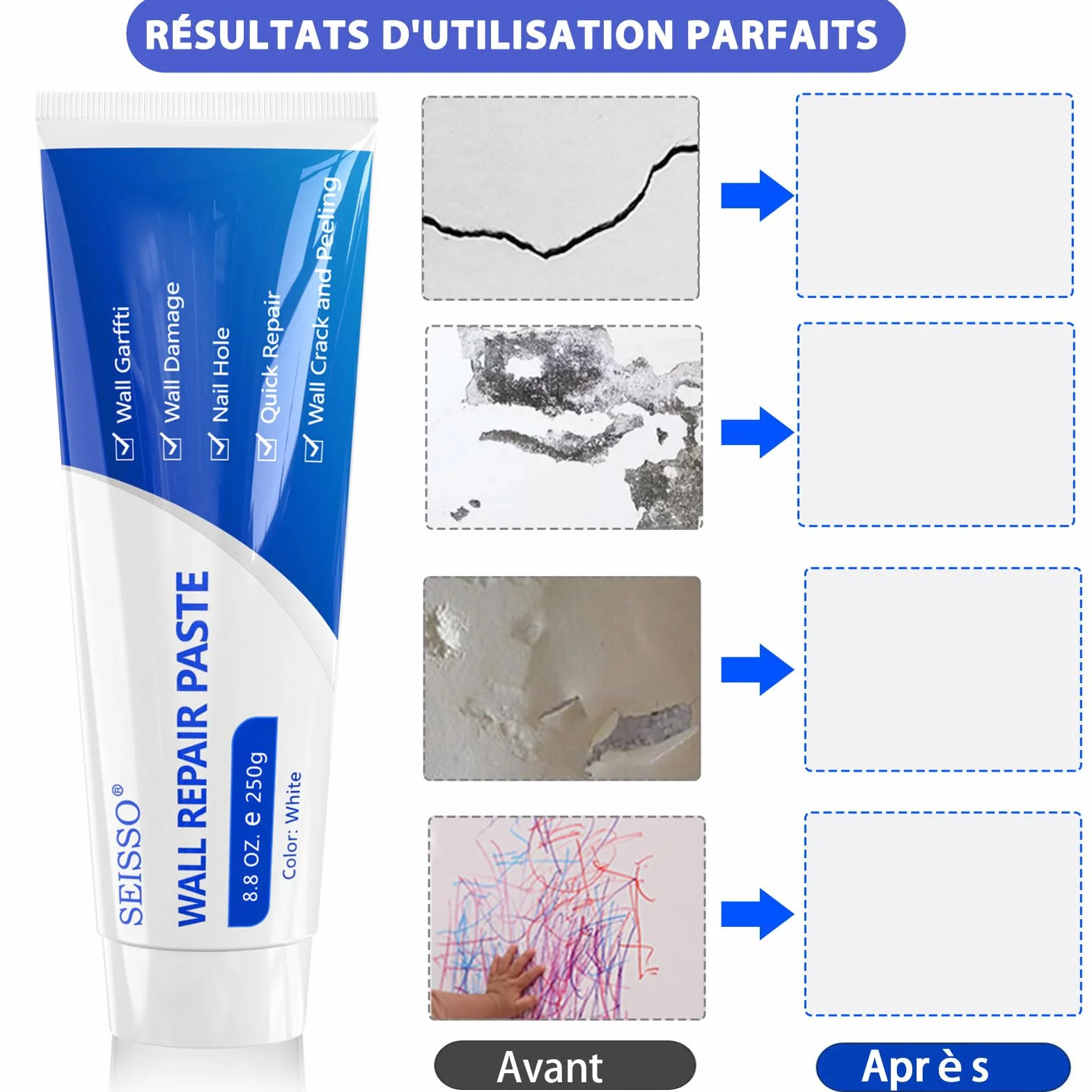 SEISSO 500g Crème de Réparation Murale,enduit de rebouchage,enduit de rebouchage prêt à l'emploi,Répare Efficacement les Rayures, Trous, Fissures, Graffitis Sur les Murs