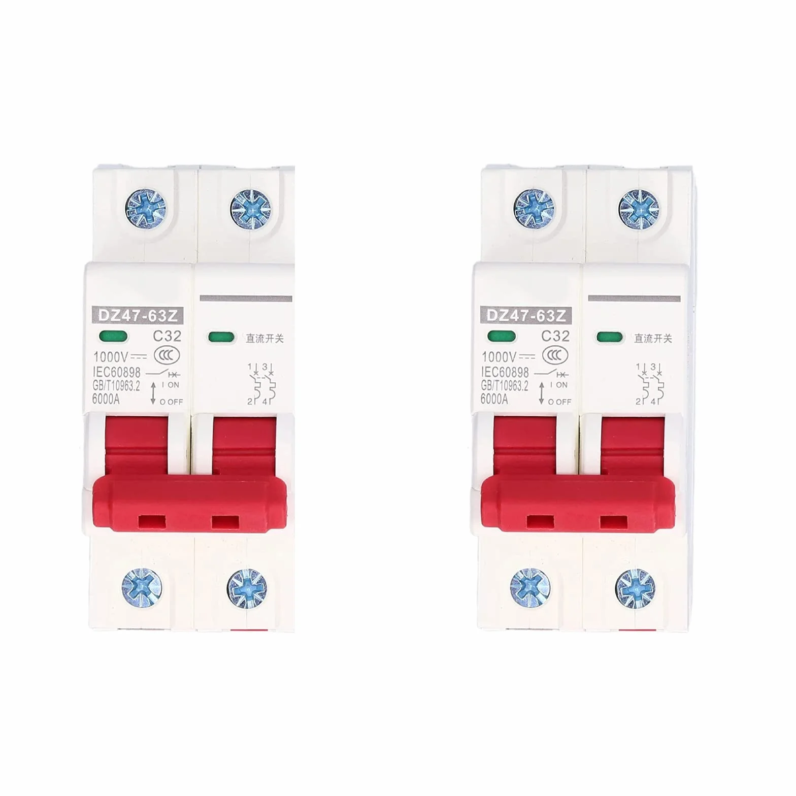 2 Pièces Disjoncteur Miniature 1000V DC 2P 32A Din Rail Mount Protection Contre Les Surcharges à Domicile Interrupteur D'air pour Lignes de Distribution D'éclairage Résidentiel Système PV Solaire